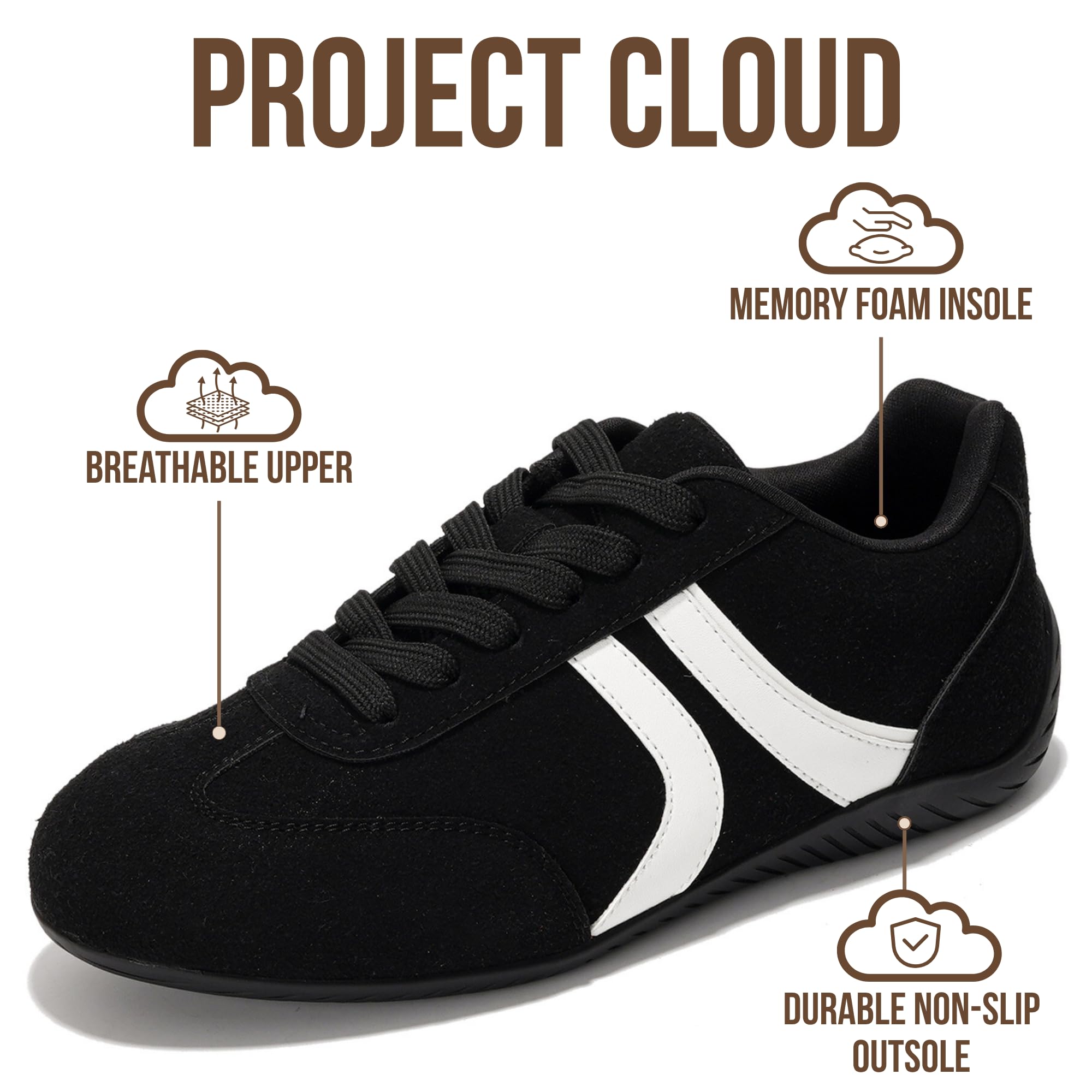 Project Cloud Barefoot Shoes Women – Memory Foam Lace-Up Womens Sneakers – Lightweight & Non Slip Womens Shoes Casual – All-Day Women's Fashion Sneakers for 2026 (Goal, BLK,7)