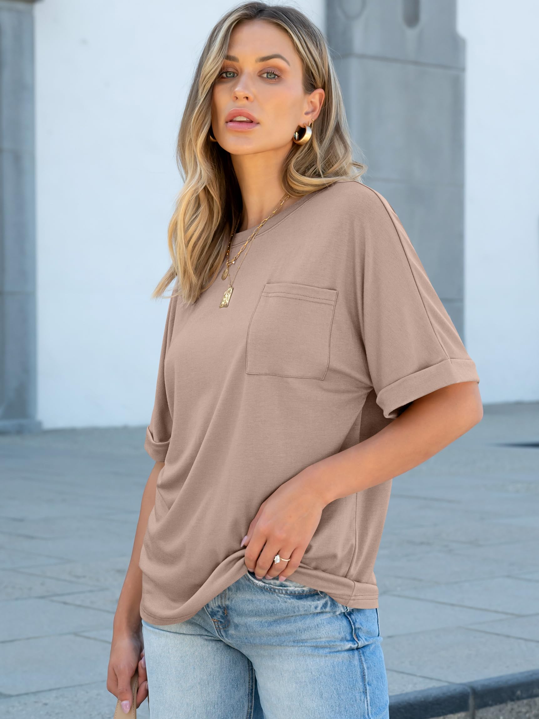 ANRABESS Women Oversized T Shirts Short Sleeve Summer Casual Loose Top Basic Tee with Pocket Khaki X-Large