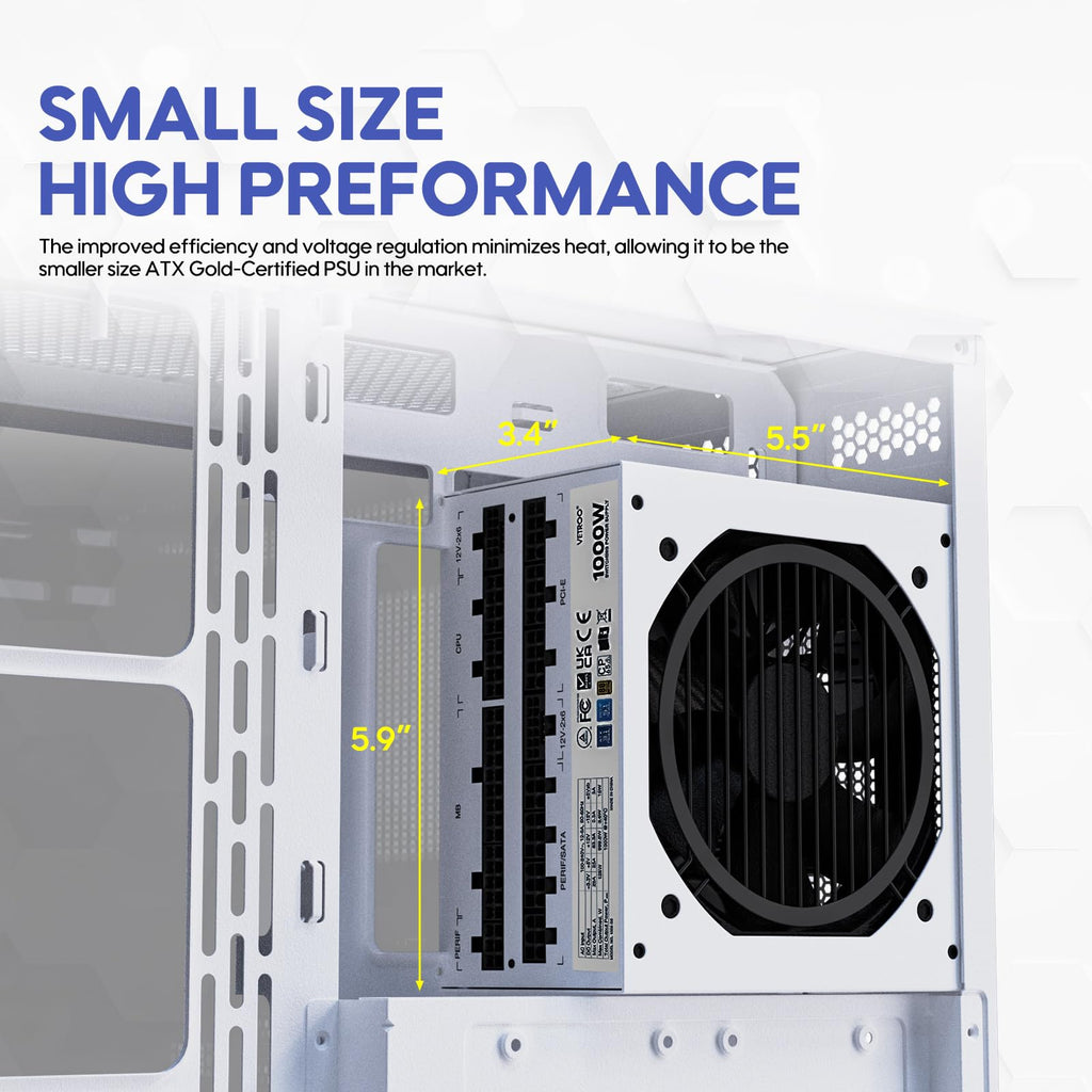 Vetroo 1000W White Power Supply ATX 3.1 Ready Dual PCIe 5.1, 80 Plus Gold Full Modular, Eco Mode with 120mm FDB Fan, Compact Size, 10 Year Warranty for Gaming PC