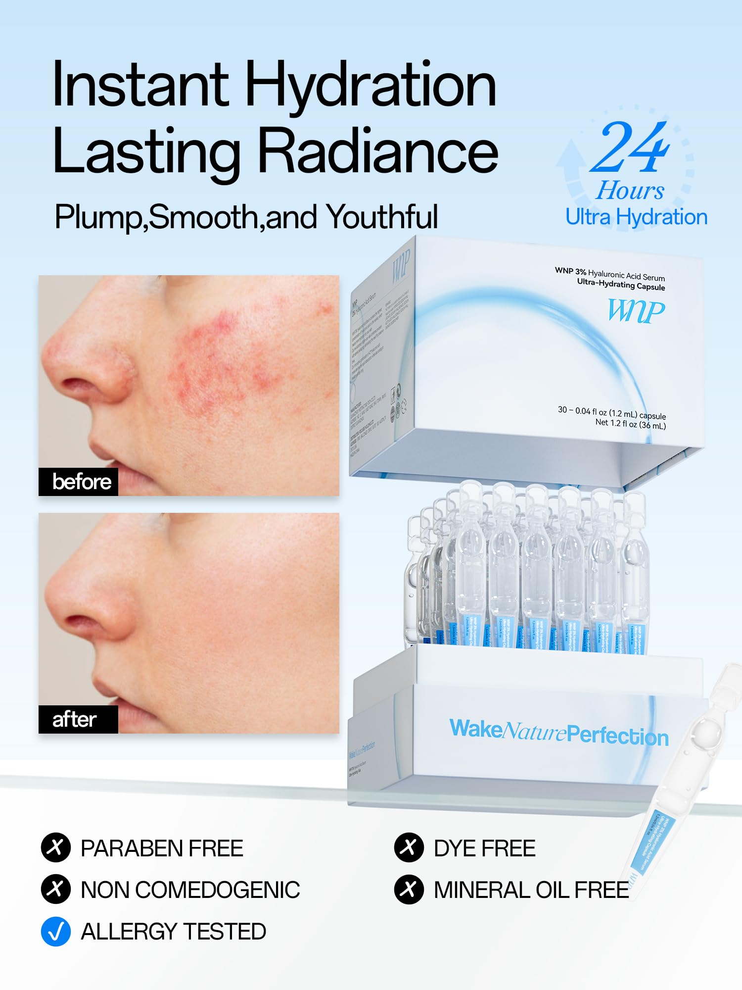 WNP Hyaluronic Acid Serum 3% for Face with 4D Multi-Layer Hydration | Ultra Hydrating Anti-Aging Serum | Moisturizer for Dry & Sensitive Skin | Pre-Makeup Skincare | Single-Use Vials 30PCS