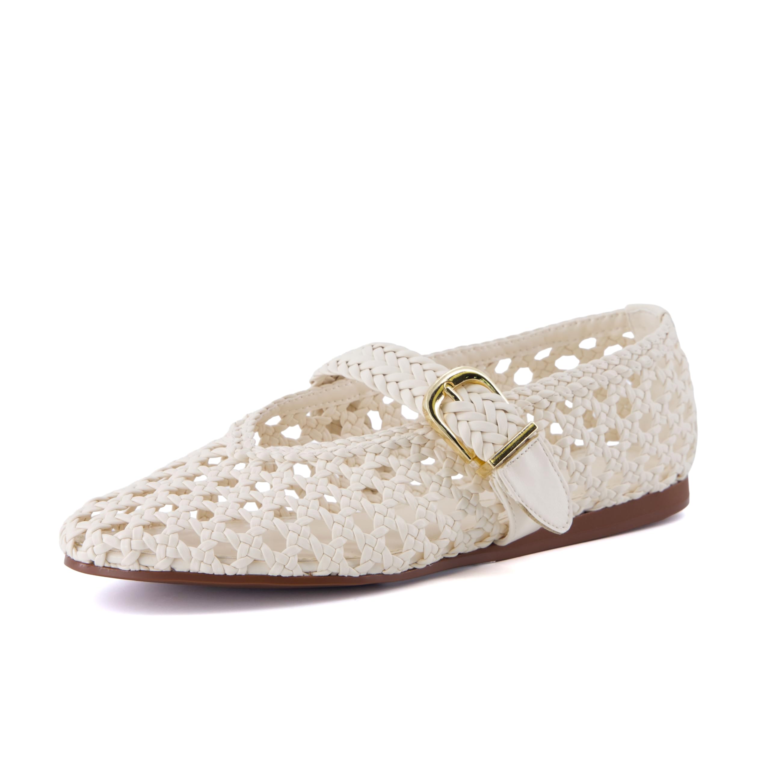 CUSHIONAIRE Wit Hand Woven Womens Flats, Comfortable Mary Jane Ballet Flat with Adjustable Buckle Braided Strap and Cushioned Memory Foam, CREAM 9W