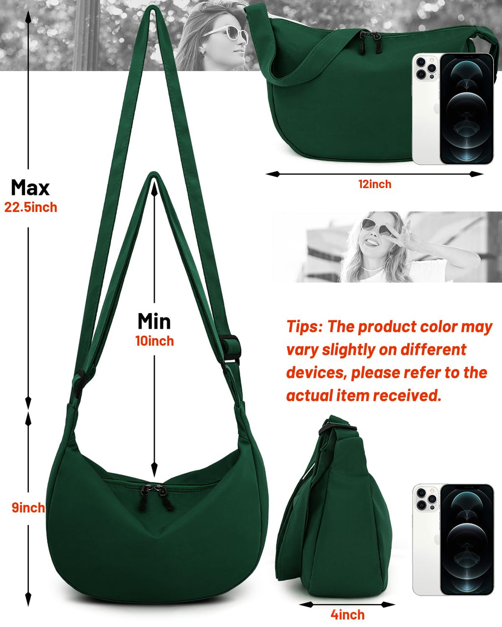 Crossbody Sling Bag for Women Men Trendy, Crescent Bag with Adjustable Strap, 2 Zippers Lightweight Nylon