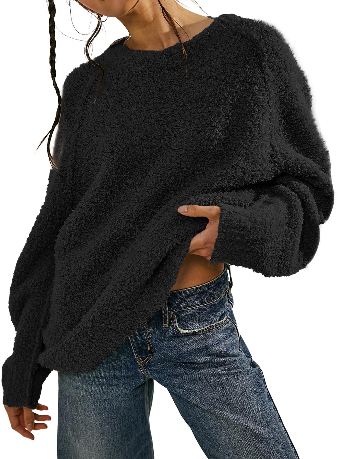 Women's Crew Neck Oversized Sweaters 2025 Fall Batwing Sleeve Pullover Tunic Sweater 6108 Black M