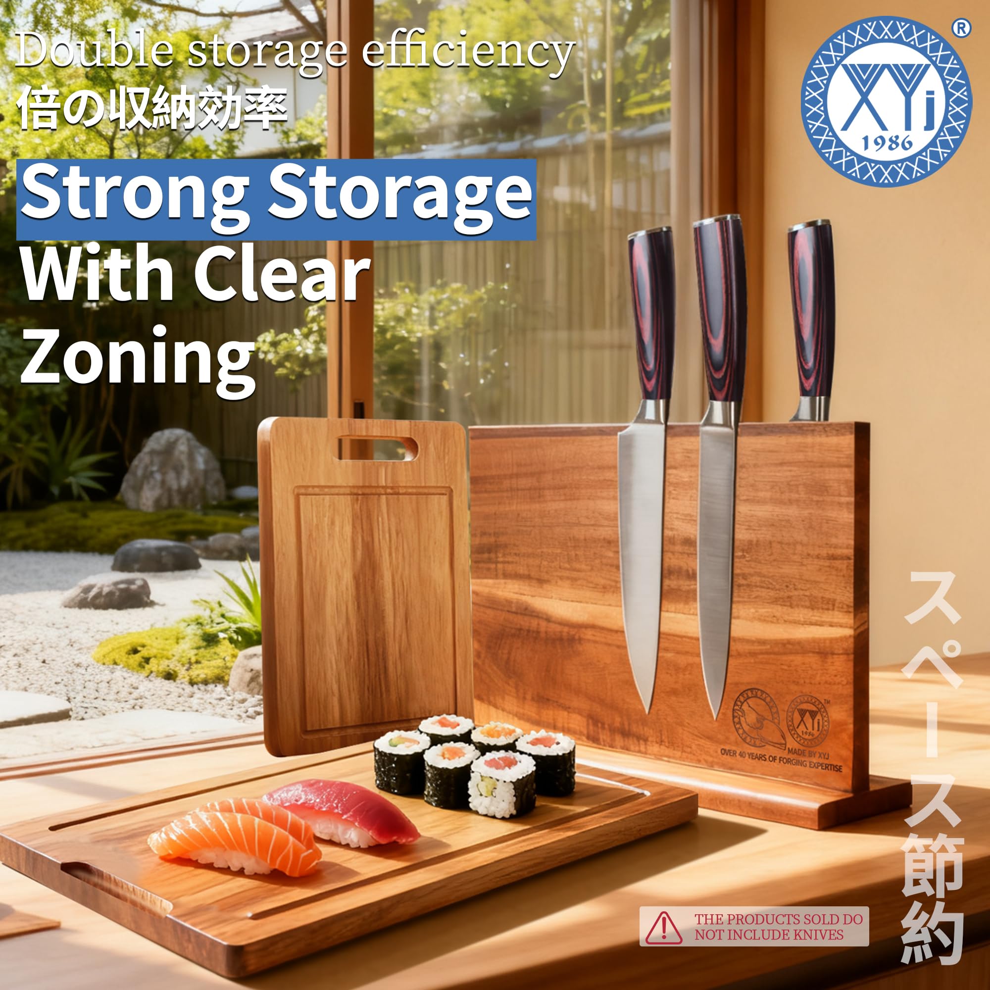 XYJ Acacia Wood Knife Block with Cutting Boards, Dual Magnetic Holder, 2-Piece Chopping Boards (Large & Small), Space-Saving Countertop Organizer, Rustic Kitchen Set without Knives