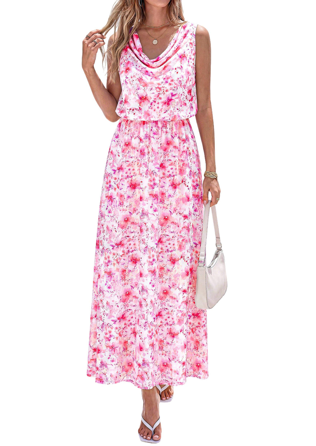 PRETTYGARDEN Womens Summer Floral Maxi Dresses 2026 Spring Sleeveless Cowl Neck Flowy Beach Vacation Wedding Guest Long Dress(White Pink Flower,Large)