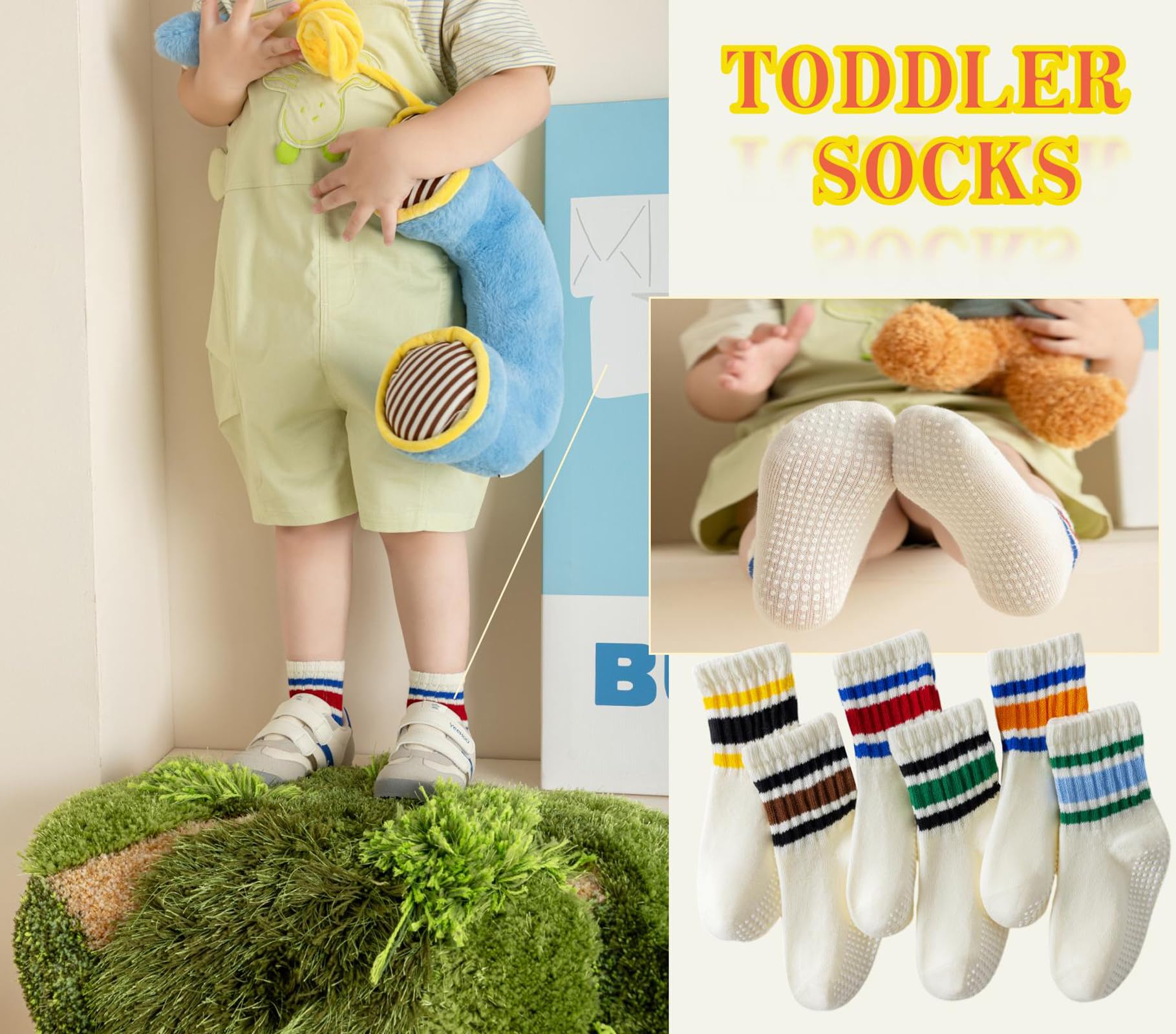 Wamvp Toddler Grip Socks with Non-Slip, Unisex Baby Retro Stripe Seamless Crew Ankle Cotton Socks for Girls Boys 6 Pairs,Colorful-1 1-3T