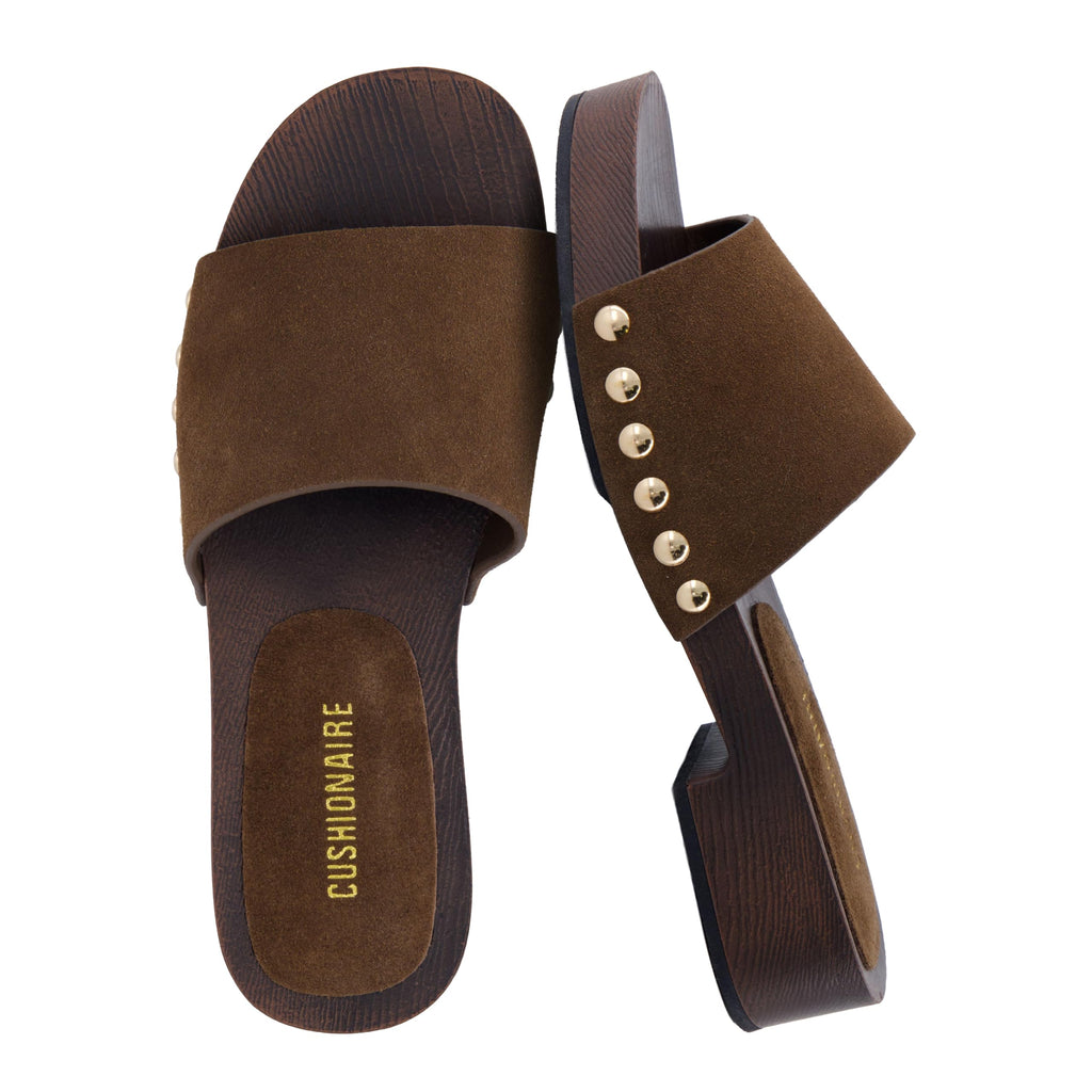 CUSHIONAIRE Timmi 100% Genuine Leather Suede Slides for Women, Slip On Low Heeled Dress Sandal with Studded Detail,BROWN 6