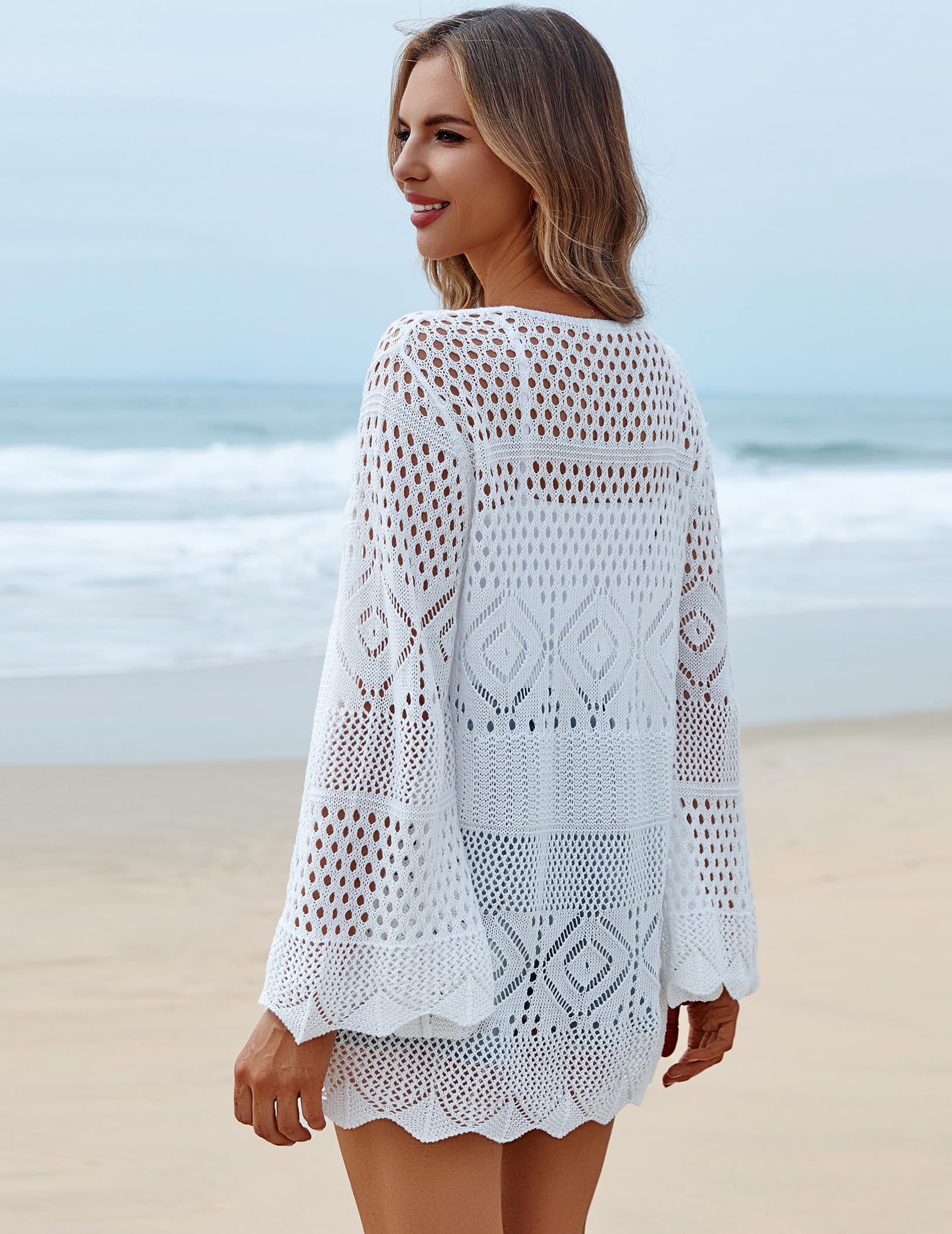 AI'MAGE Womens Kimono Beach Cover Up Crochet Swimsuit Coverups Summer Loose Knit Cardigans Causal Blouse Tops Swimwear White