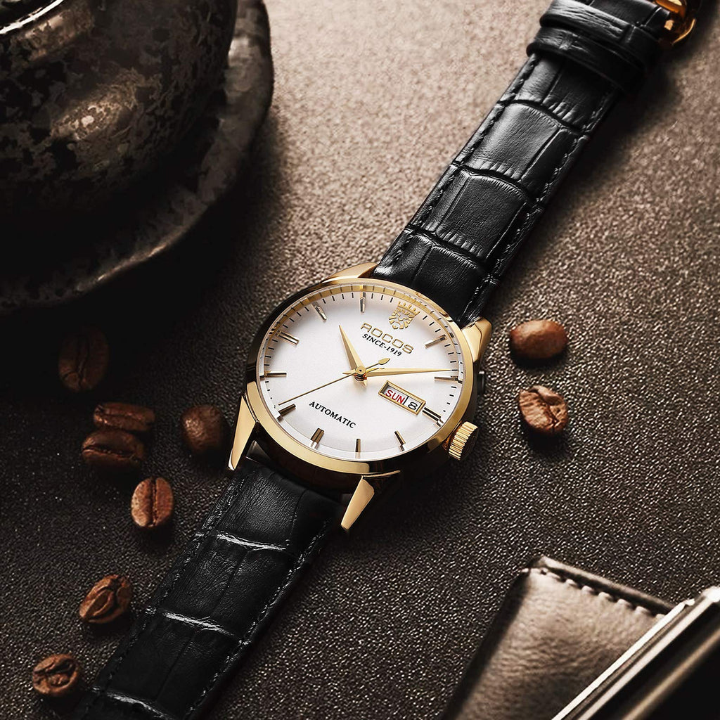 ROCOSJEWE R0101 Men's Automatic Mechanical Watch Golden Luxury Watch for Men Classic Retro Wristwatch Day Date Black Leather Strap Dress Watches Waterproof Gift for Men Fashion Business