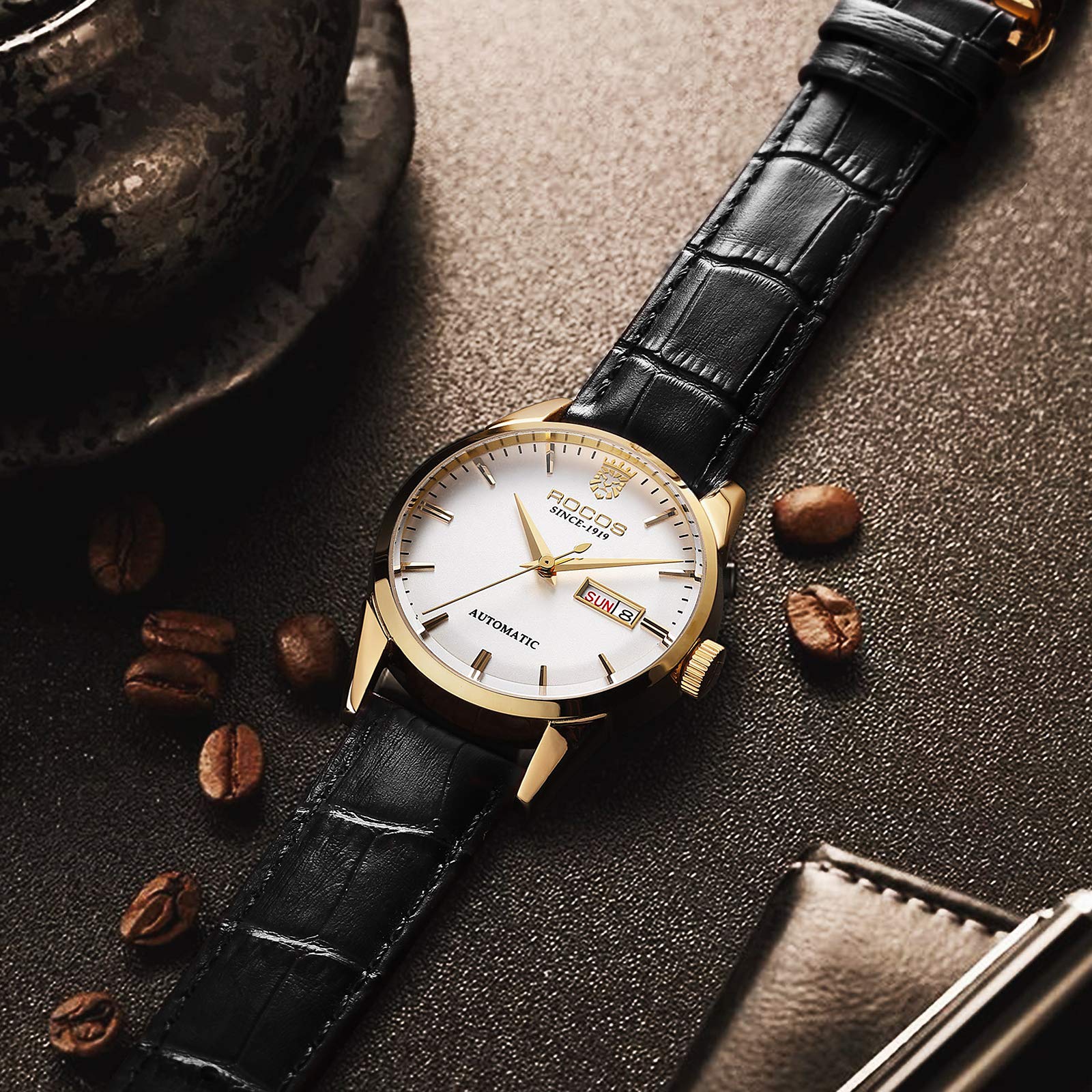 ROCOSJEWE R0101 Men's Automatic Mechanical Watch Golden Luxury Watch for Men Classic Retro Wristwatch Day Date Black Leather Strap Dress Watches Waterproof Gift for Men Fashion Business