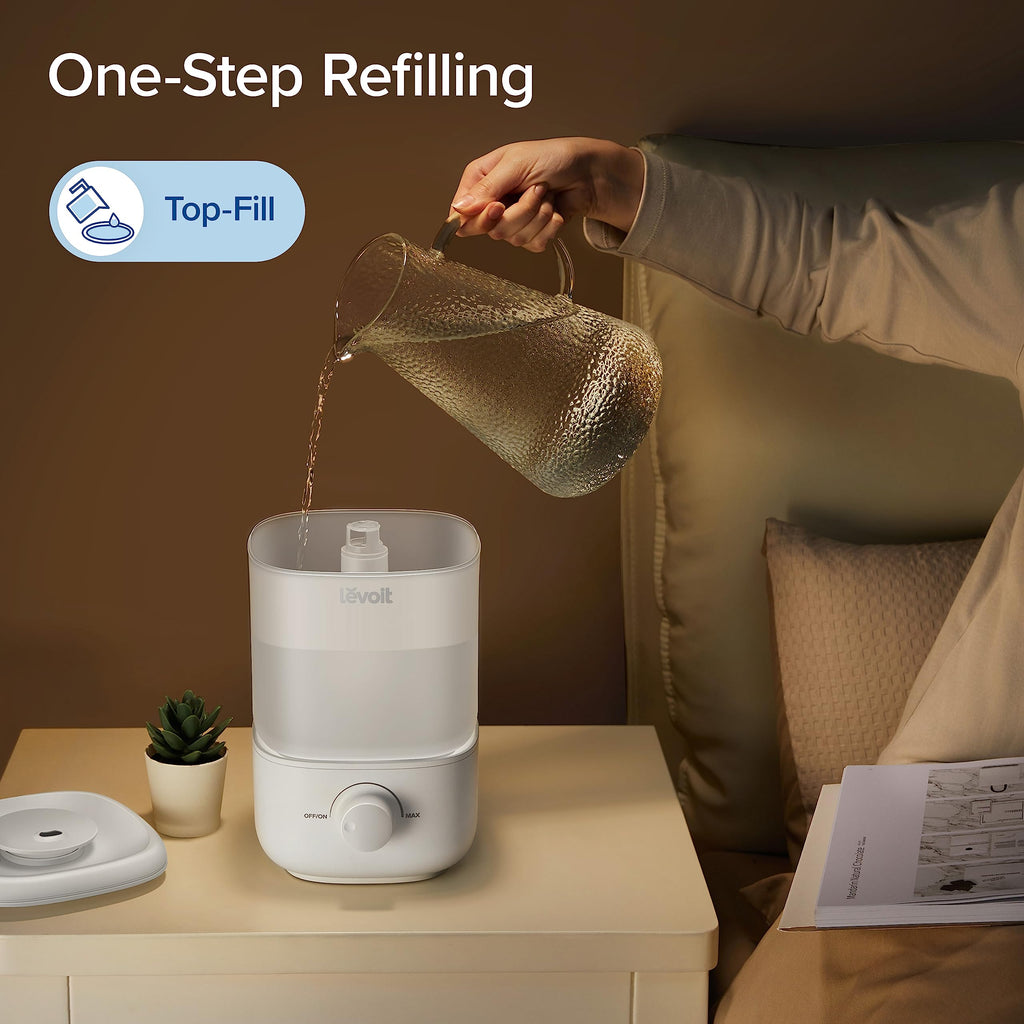 LEVOIT Top Fill Humidifiers for Bedroom, 2.5L Tank for Large Room, Easy to Fill & Clean, 26dB Quiet Cool Mist Air Humidifier for Home Baby Nursery & Plants, Auto Shut-off and BPA-Free for Safety, 25H