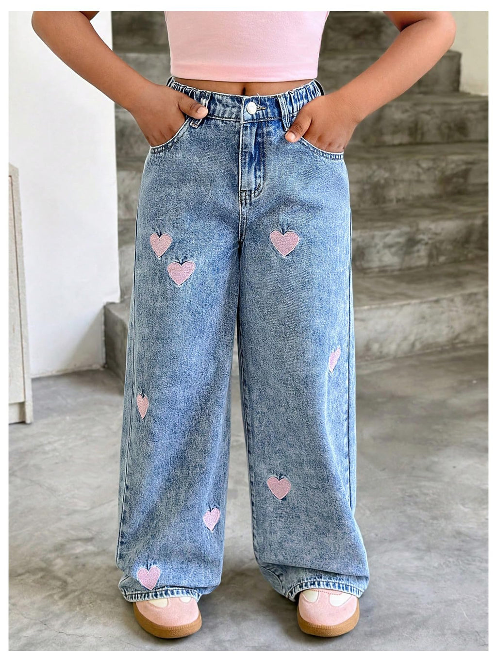WDIRARA Girl's Heart Embroidered Y2k Denim Pants Elastic High Waist Wide Leg Jeans with Pockets Light Blue 8Y