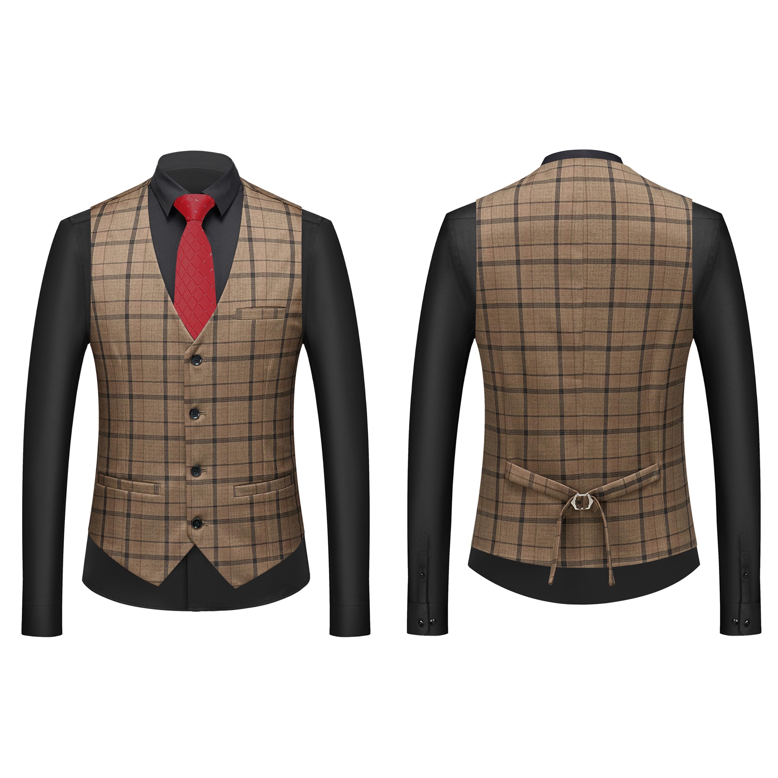 MOGU Suits for Men, 3-Piece Plaid Suit Set with Blazer, Vest and Pants for Wedding, Prom, Business (X-Large, Khaki)