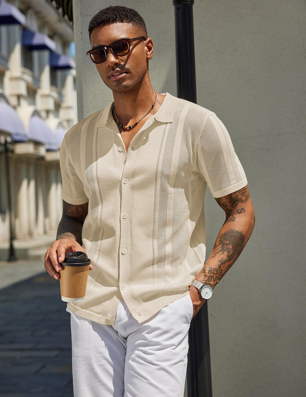 COOFANDY Men's Short Sleeve Knit Shirt Casual Button Down Shirt Vintage Knitted Polo Golf Beach Tops Light Khaki