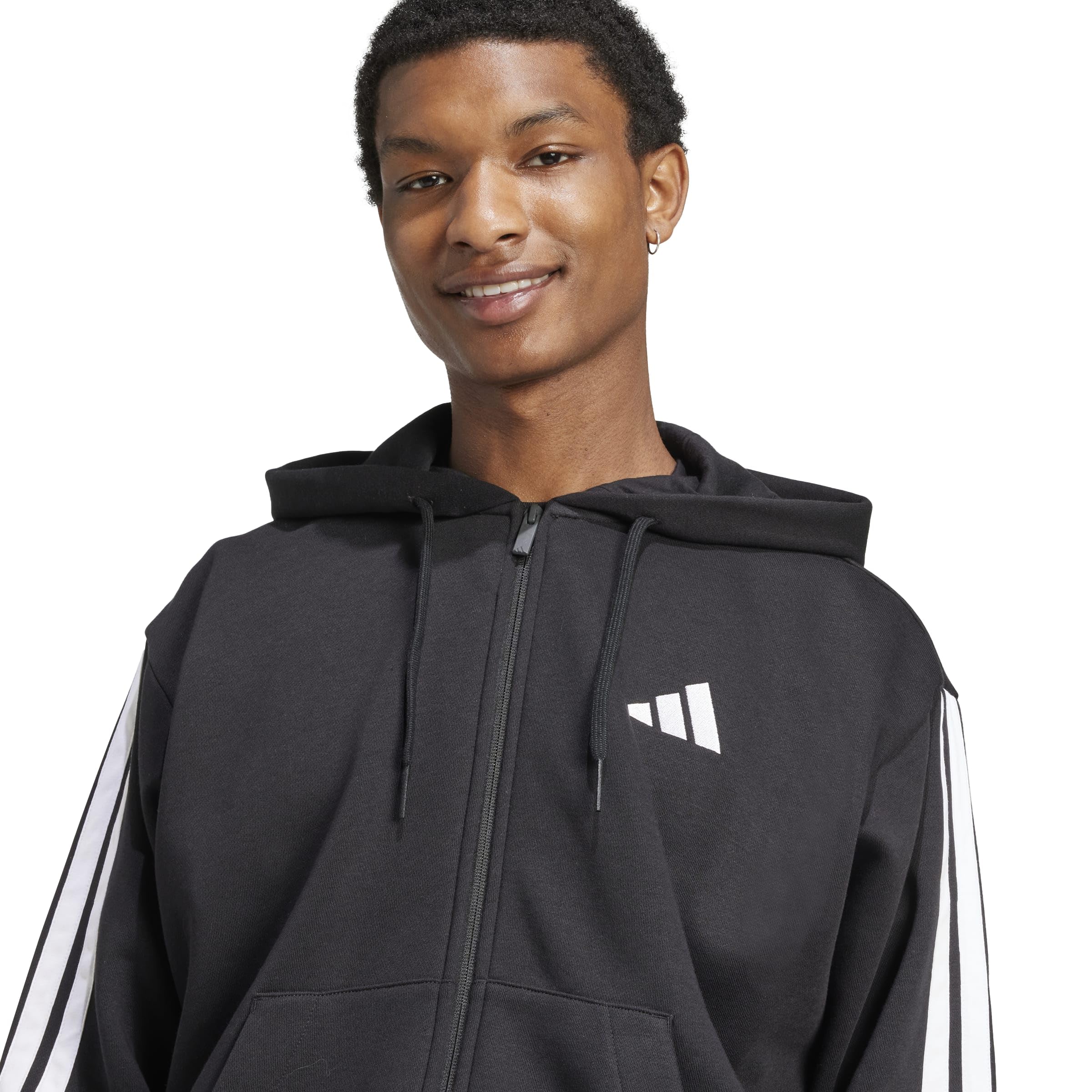 adidas Men's Essentials 3-Stripes Fleece Full-Zip Hooded Track Top, Black/White, Large