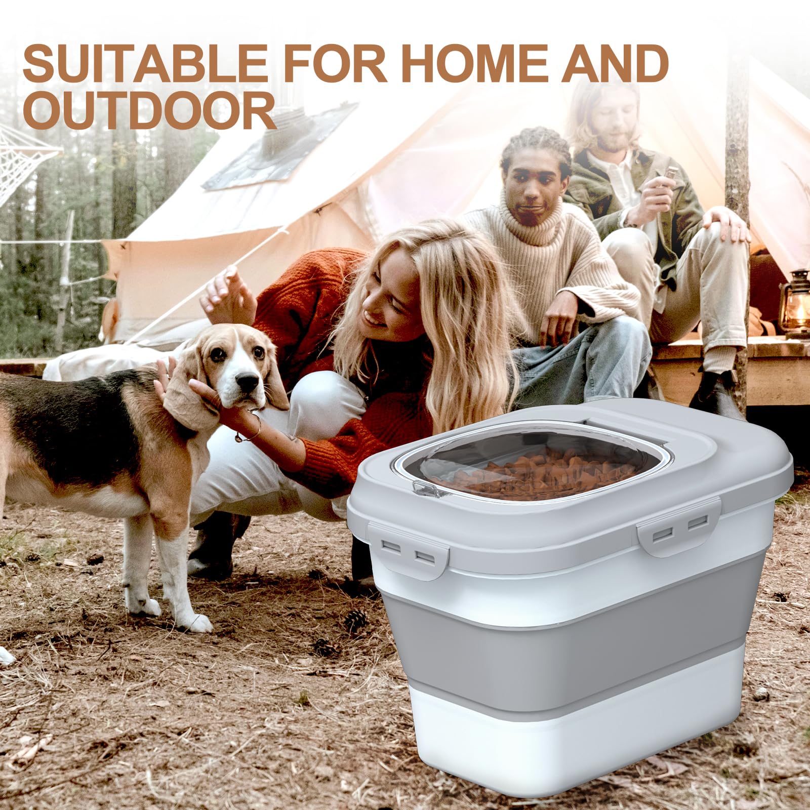 TIOVERY Dog Food Storage Container Small, 10-13lbs Collapsible Dog Cat Food Containers with Airtight Clear Flip-top and Pet Food Scoop, Pet Food Storage Container Bin for Dog Cat Bird Other Pets Grey