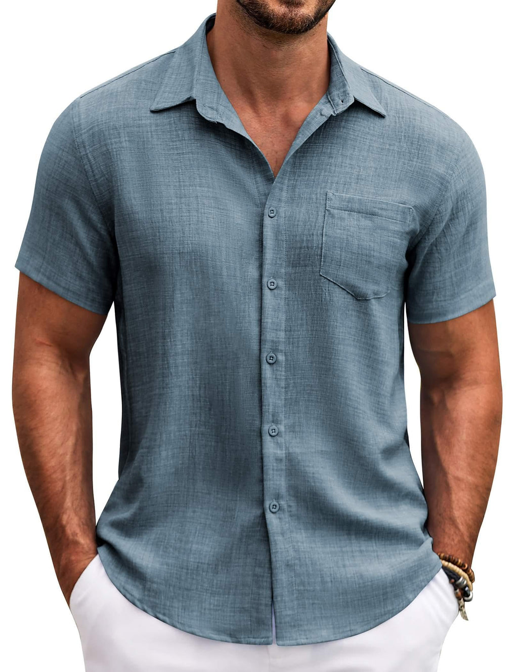 COOFANDY Beach Shirts for Men Short Sleeve Button Up Untucked Linen Summer Shirts Dark Blue