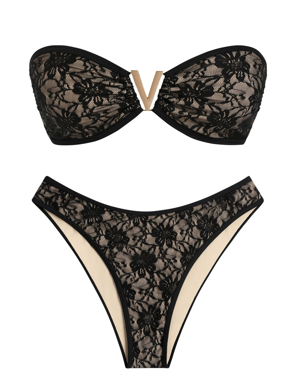 ZAFUL Women's Bandeau Bikini V Strapless Confetti Colorblock Tie Back High Cut Two Piece Swimsuit Bathing Suits (2-Coffee+Black, M)