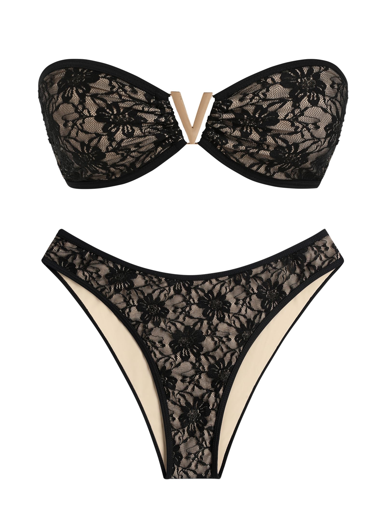 ZAFUL Women's Bandeau Bikini V Strapless Confetti Colorblock Tie Back High Cut Two Piece Swimsuit Bathing Suits (2-Coffee+Black, M)