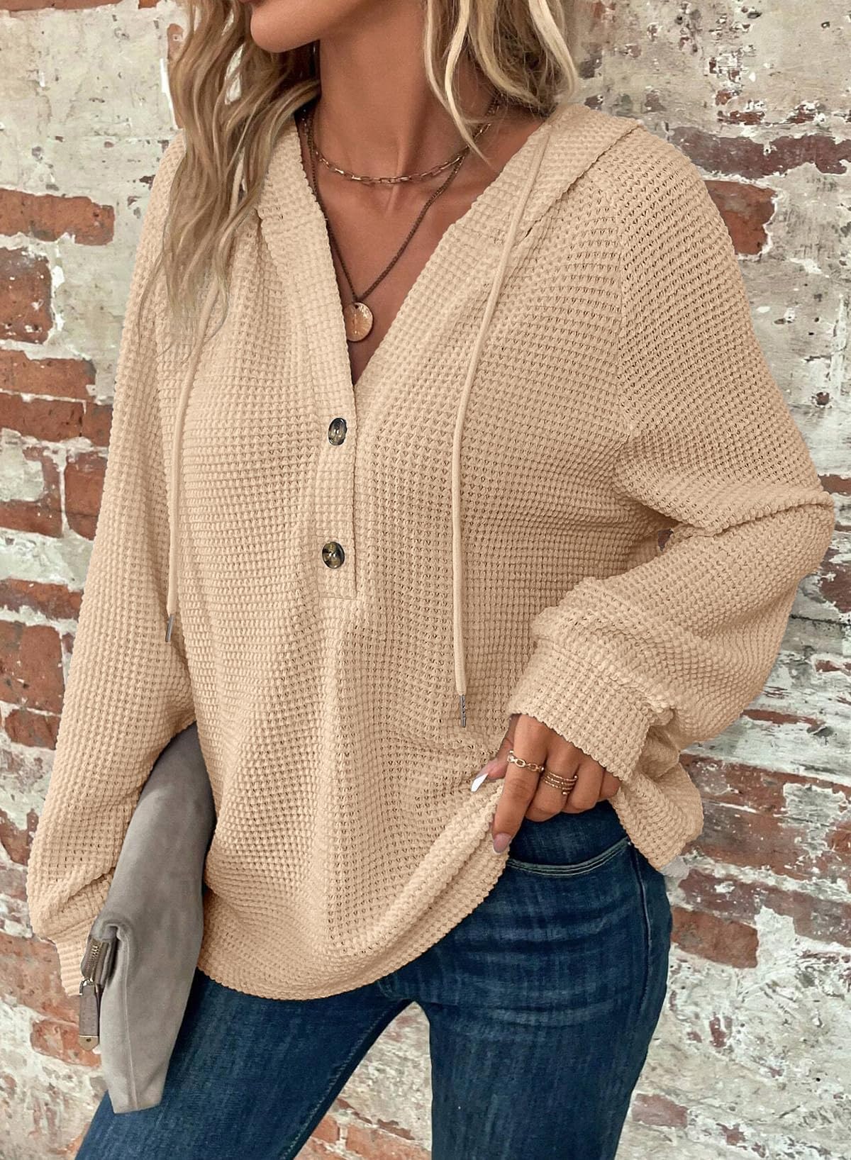 Dokotoo Winter Clothing for Women Oversized Waffle Knit Hoodies Drawstring Button V Neck Long Sleeve Casual Loose Lightweight Comfy Warm Pullover Sweatshirt Hoodie Tops Plus Size Apricot Large