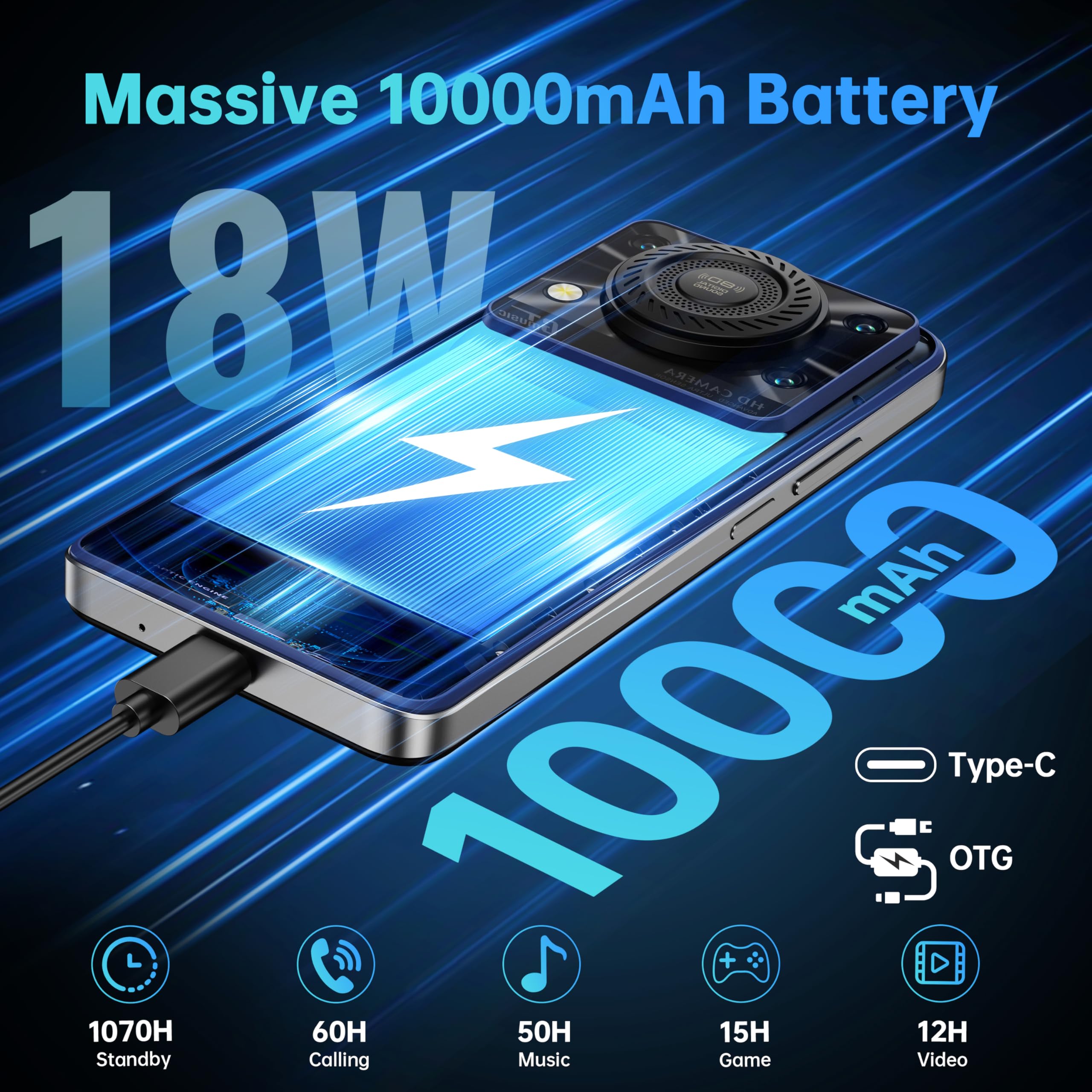 OUKITEL C60 Unlocked Android Phones - Android 15 10000 mAh Battery 16GB +128GB/1TB TF 110dB Speaker Cell Phone, 6.88”HD+ Display 13MP Camera Smartphone, 120LM Flashlight/Fingerprint/4G Dual SIM/OTG
