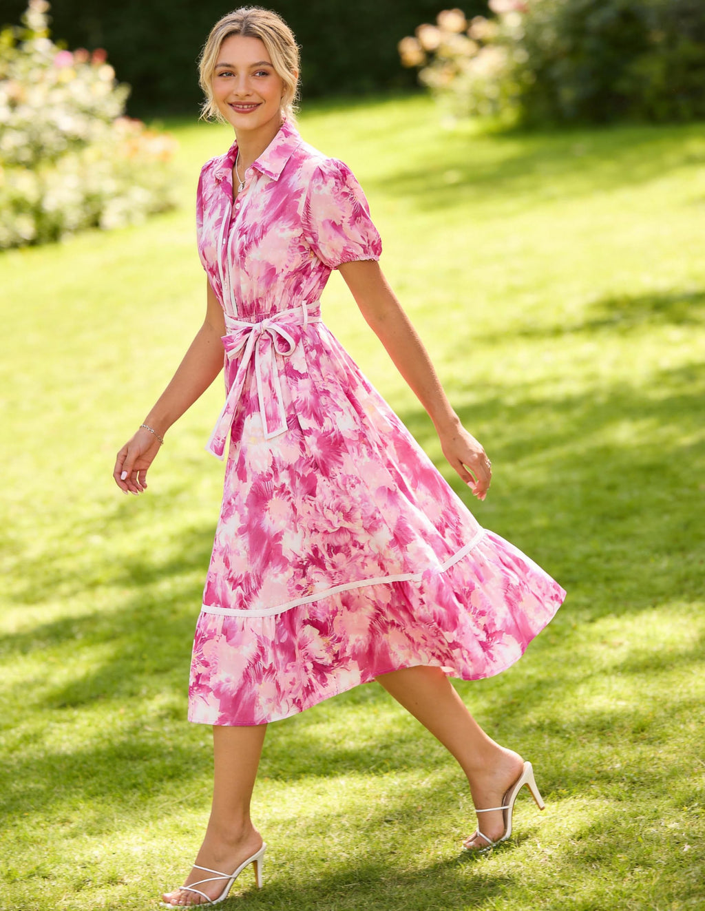 GRACE KARIN Women Summer Floral Maxi Dresses 2026 Wedding Guest Puff Sleeve Shirt Sundresses Boho Spring Clothes with Pockets Rose Floral M
