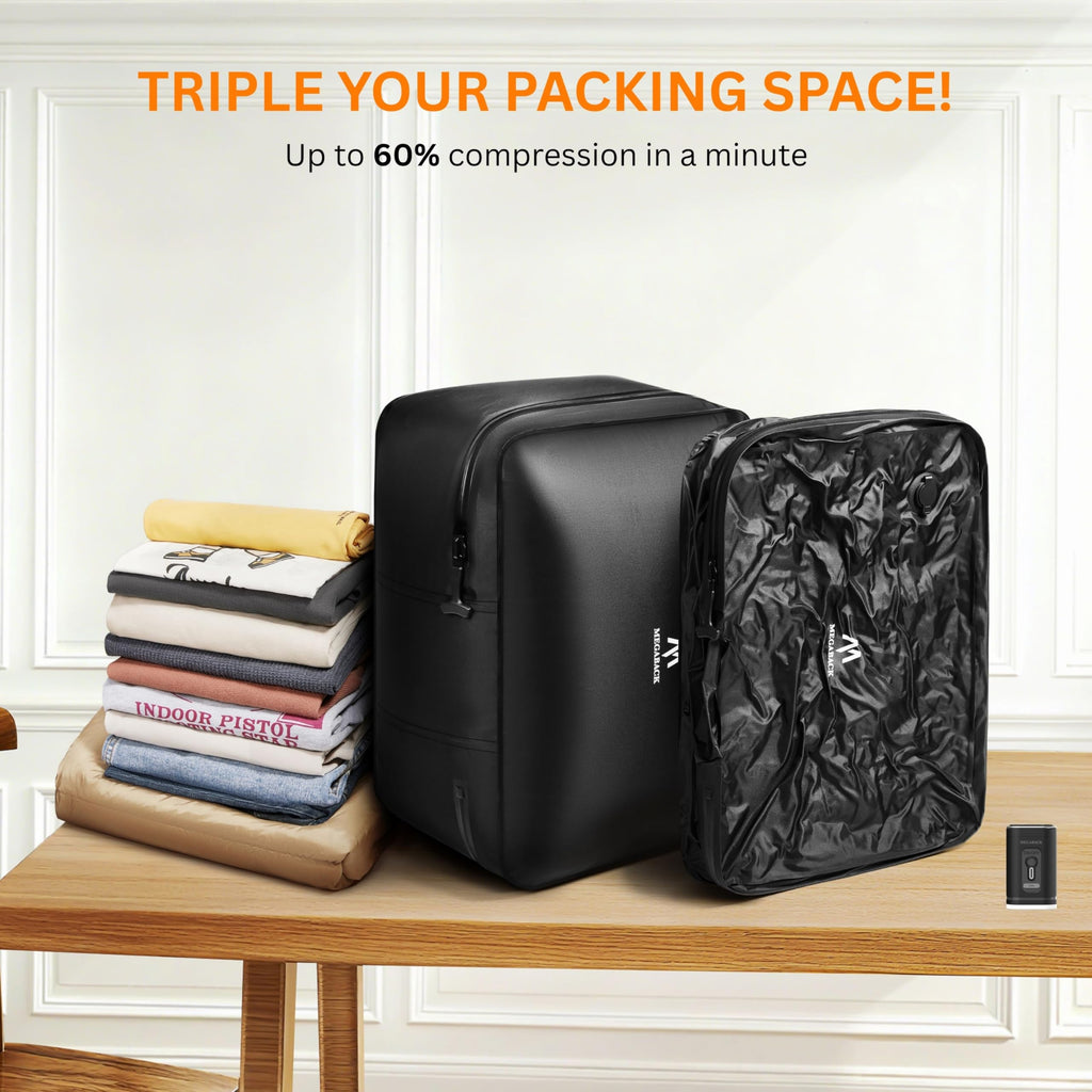 Megaback Travel Vacuum Bags for Luggage with Pump, Reusable Vacuum Seal Bags for Clothing, IP68 Waterproof, Top-open Design, Fits 20/24/28 Inch Suitcase (1PC+Pump, 43L)