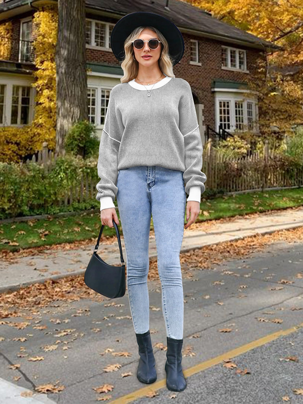 Disamer Womens Sweaters 2026 Fall Clothes Batwing Long Sleeve Striped Knit Pullover Tops Fashion Outfits Oversized Sweater,Pure Black,Large