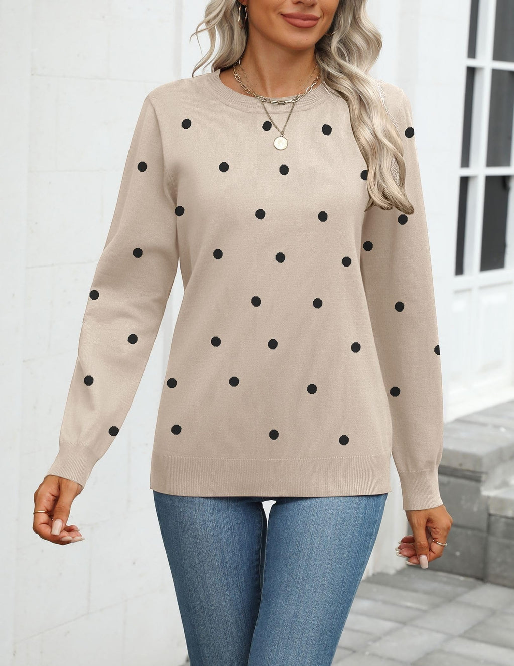 Zeagoo Womens 2026 Fall Sweaters Long Sleeve Tops Classic Crew Neck Pullover Sweaters Loose Dressy Polka Dot Basic Tops