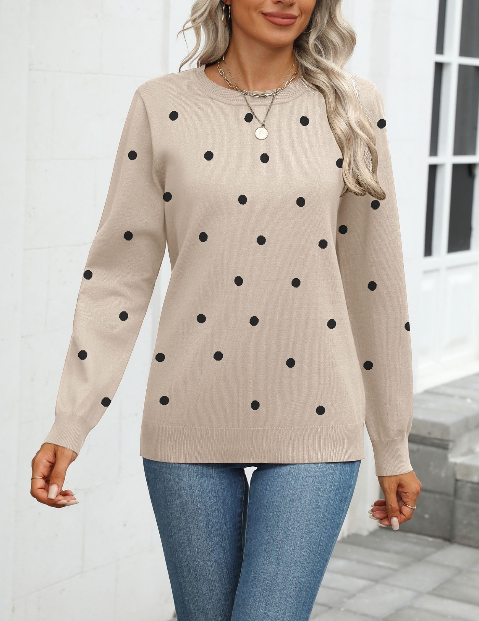 Zeagoo Womens 2026 Fall Sweaters Long Sleeve Tops Classic Crew Neck Pullover Sweaters Loose Dressy Polka Dot Basic Tops
