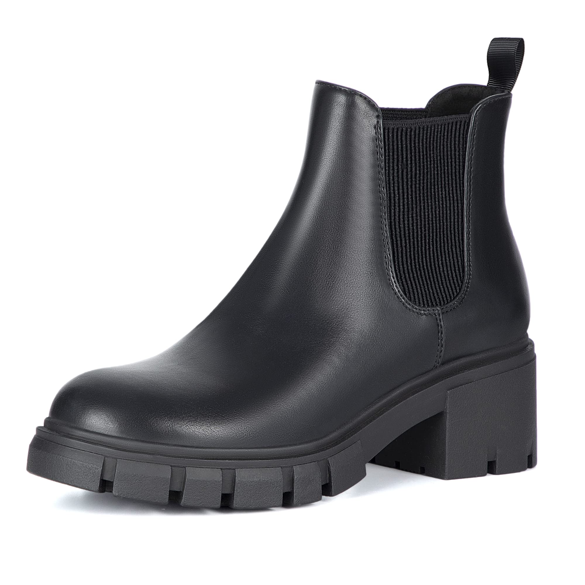 Athlefit Women's Chelsea Boots Fashion Lug Sole Chunky Heel Slip on Elastic Ankle Black Booties Size 8
