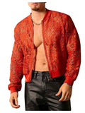 WDIRARA Men's Sheer Floral Lace Bomber Jackets Long Sleeve See Through Coats Zip Up Outerwear Red 3X-Large