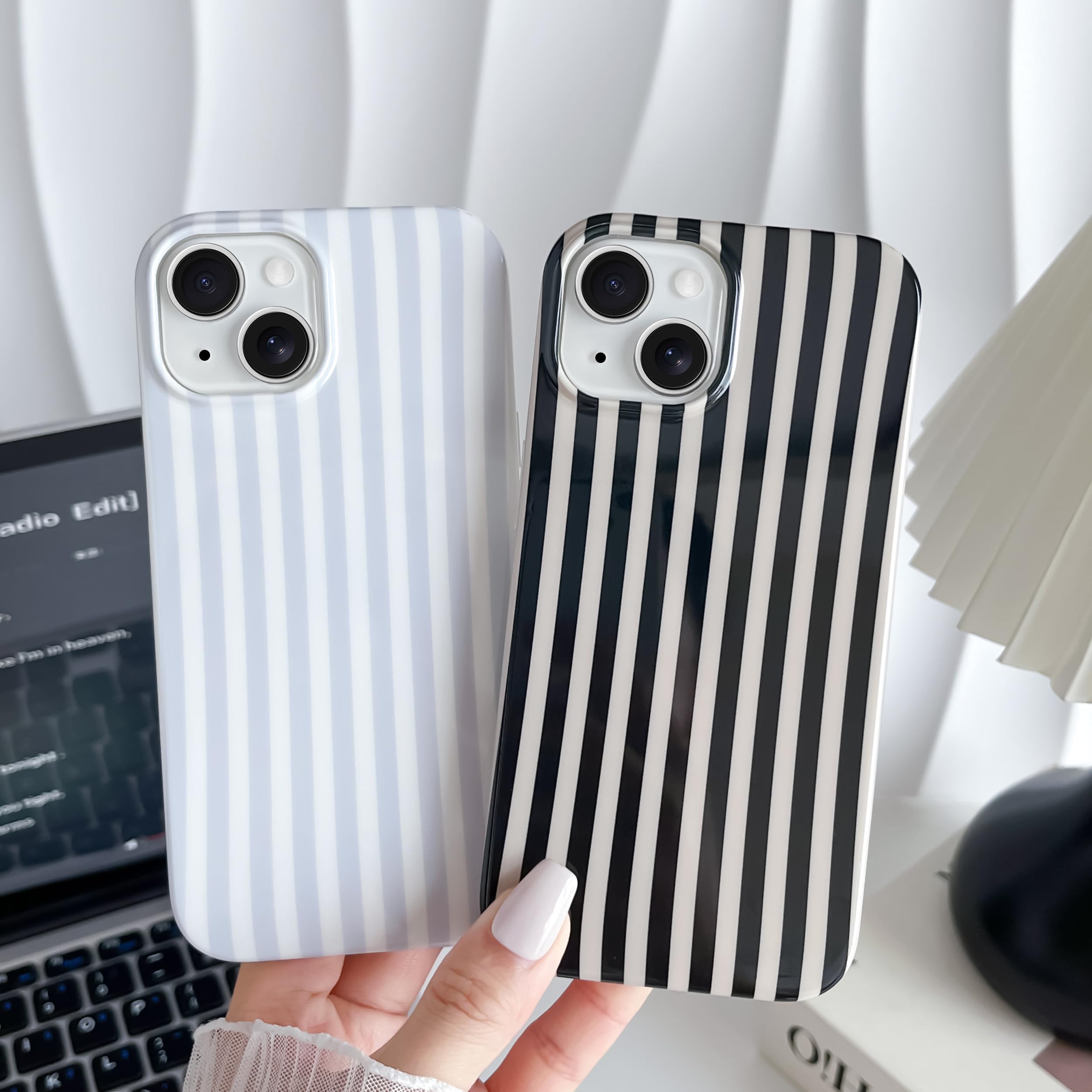 Yeddabox for iPhone 14 Case Cute Striped Phone Case Soft TPU Slim Shockproof Phone Cover for Women Girls, Blue and White