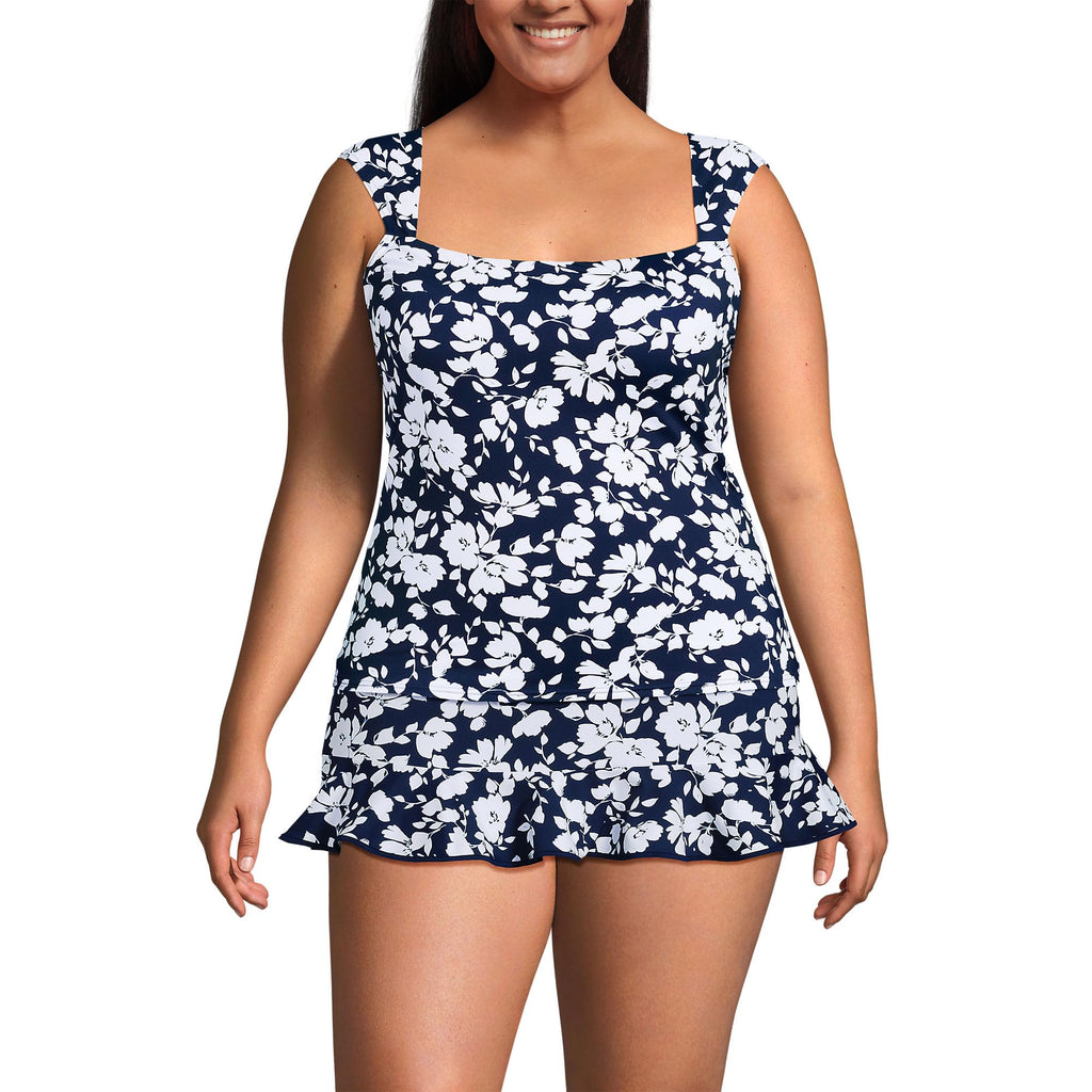 Lands' End Women's Square Neck Underwire Tankini Top 4 Navy Blossom Floral