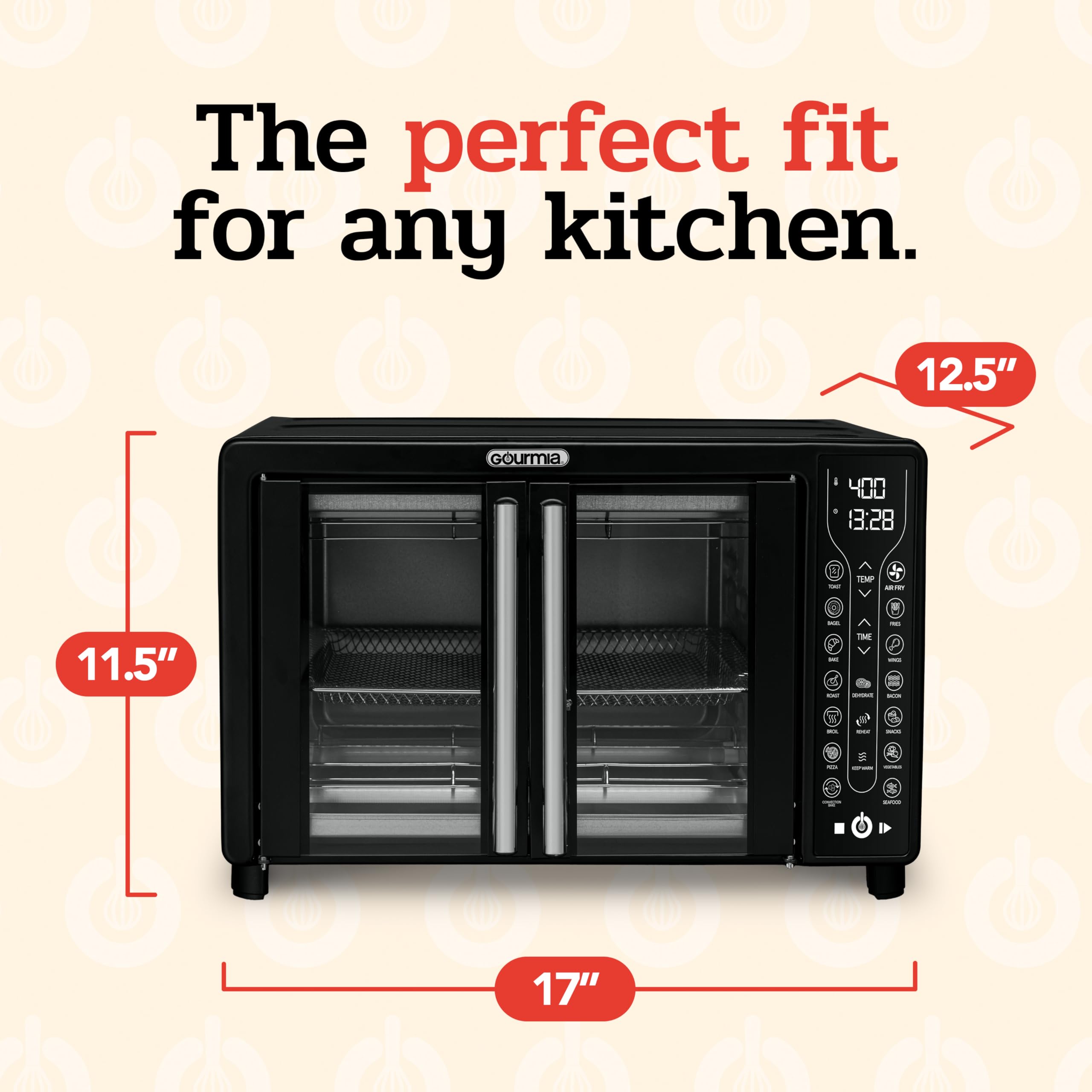 Gourmia French Door Air Fryer – 25 Qt Large Capacity Convection Oven, Fryforce 360°, Digital Display with 17 Cooking Presets, Bake, Toast, Roast, Dehydrate, Fits 12” Pizza
