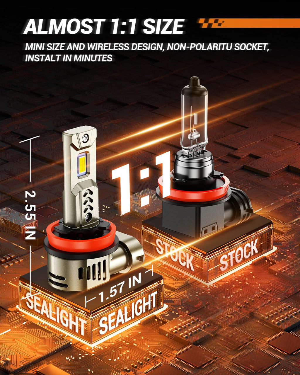 SEALIGHT 9005/HB3 H11/H8/H9 LED Bulb Combo 1:1 Real Design, 1000% Super Bright L2S H11 9005 Bulb, 6500K Cool White, 20 Year Extended Lifespan, 1:1 Halogen Size Wireless, 3 Min Plug and Play, Pack of 4