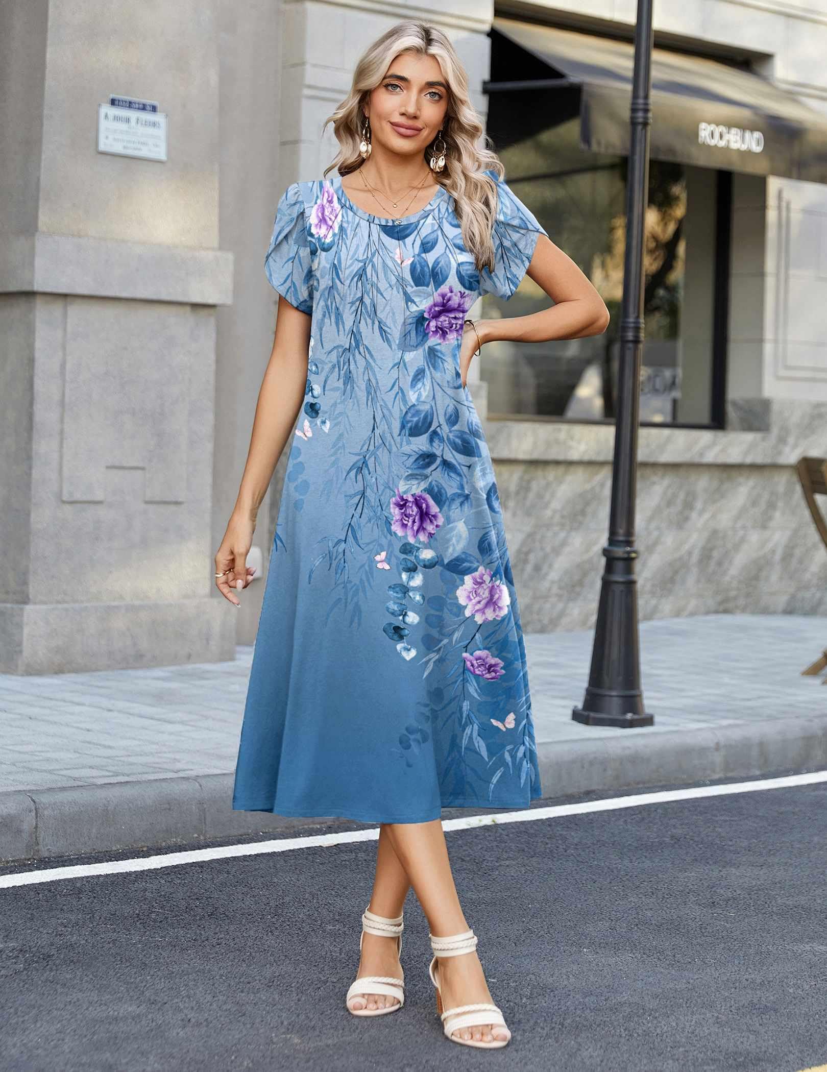 Zeagoo Summer Dresses for Women 2026 Casual Pleated Dresses Floral Midi Dress Womens Empire Waist Dress Floral Sundress, Blue Printed 01 XL