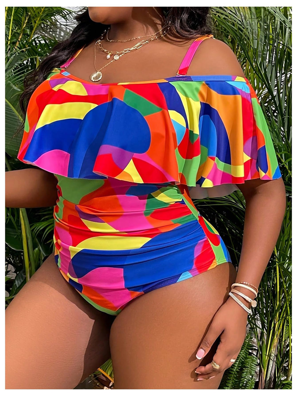WDIRARA Women's Plus Size One Piece Swimsuit Color Block Ruffle Cold Shoulder Swimwear Multicolor X-Large Plus