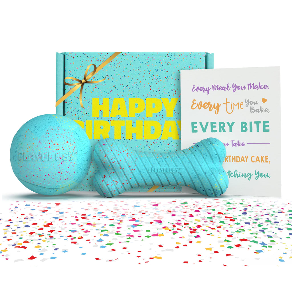 Playology Dog Toys | Birthday Box for Large Dogs | Peanut Butter Birthday Cake Scented Jumbo Gift Bundle | 1 Squeaky Chew Ball, 1 Dual Layer Bone, & 1 Doggy Bday Card