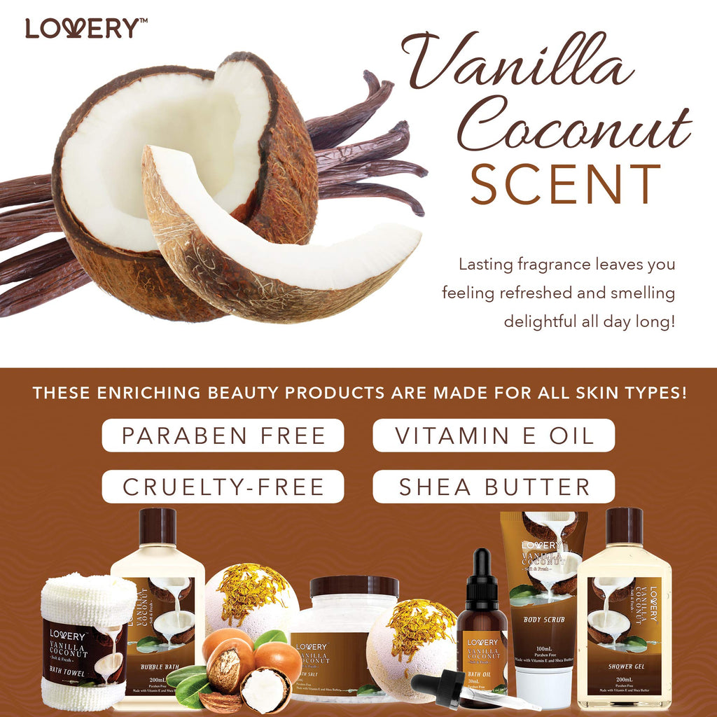 Gifts For Women Gift Basket for Women– 9 Piece Set of Vanilla Coconut Home Spa Set, Luxurious Valentines Day Gifts for Her, Bath and Body Sets Includes Fragrant Lotions, Large Bath Bombs, Coconut Oil