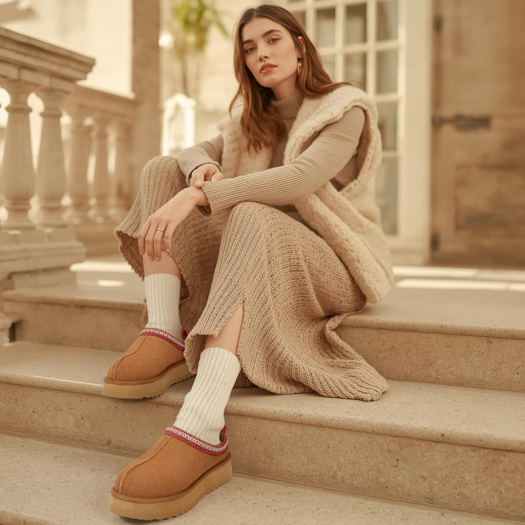KIDMI Genuine Suede Platform Slippers for Women Fuzzy Winter Warm Shoes Indoor Outdoor, Chestnut 39