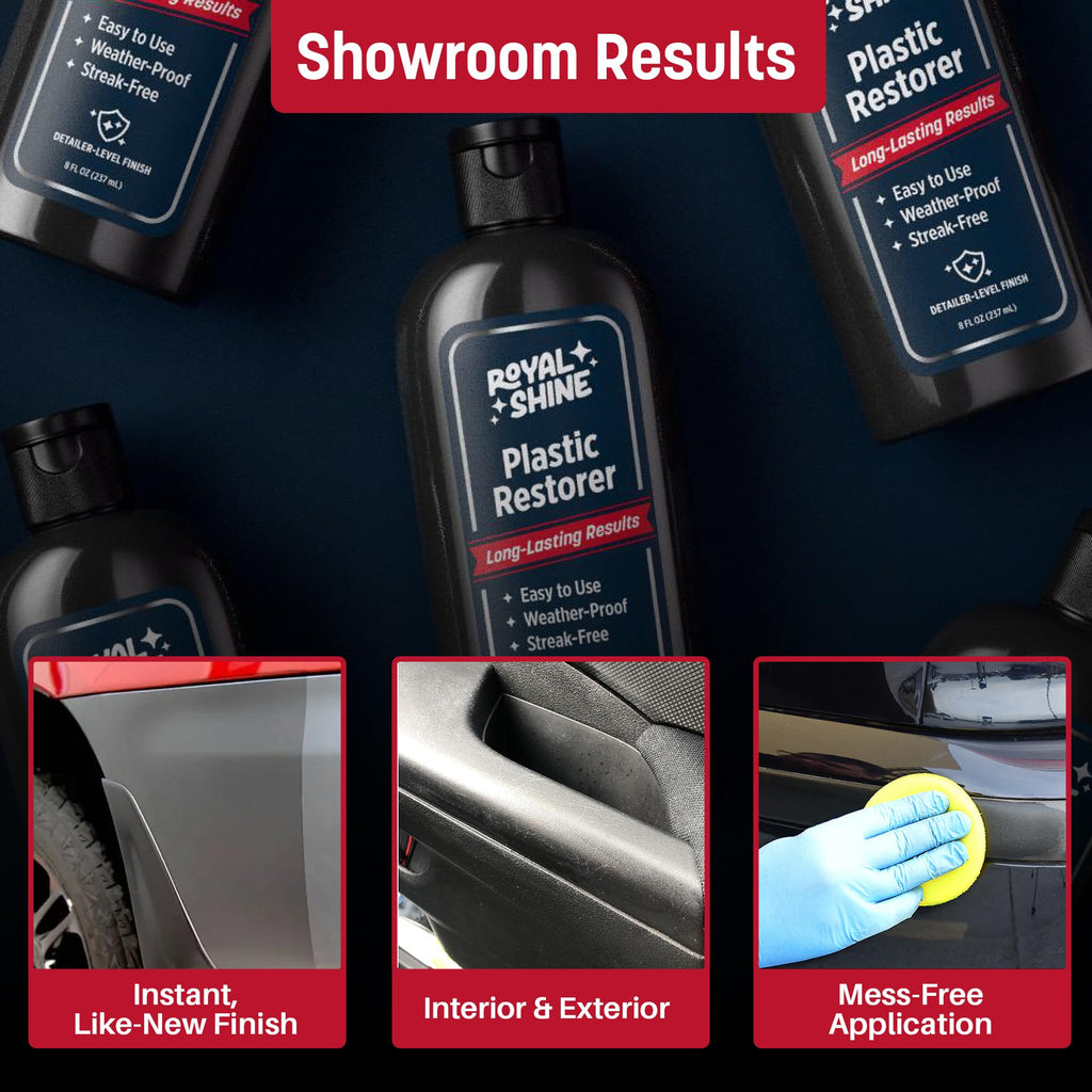 ROYAL SHINE Plastic Restorer for Long-Lasting, Deep Black Results – Restores Faded Plastic, Rubber & Vinyl with UV Protection, Non-Greasy Formula + Foam Applicator, 8oz