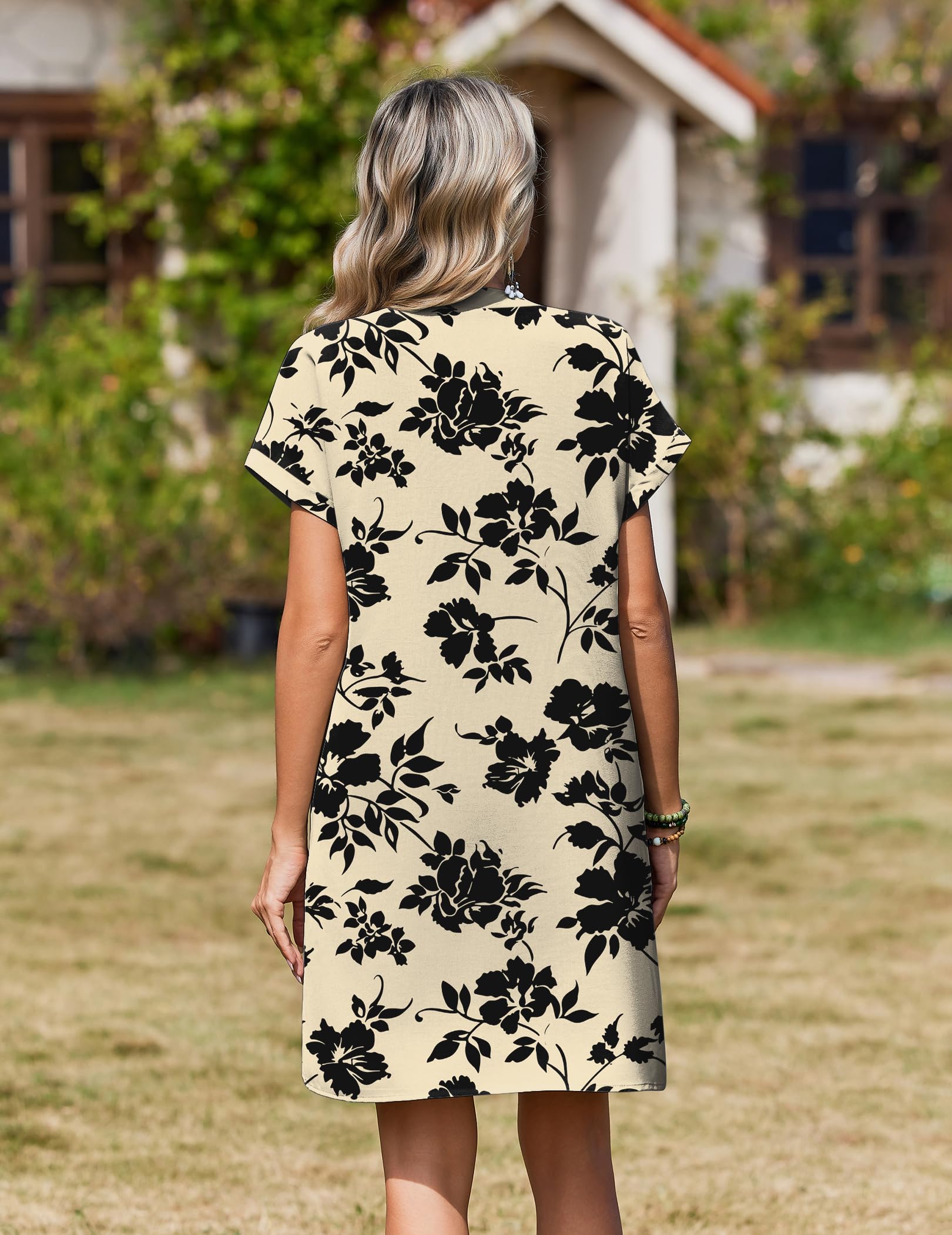 Zeagoo Summer Wedding Guest Dress Womens Shift Dresses with Sleeves Summer Dress for Womens Dresses Sundress with Pockets Short Sleeve Knee Length Dress Women V Neck A Line Dresses