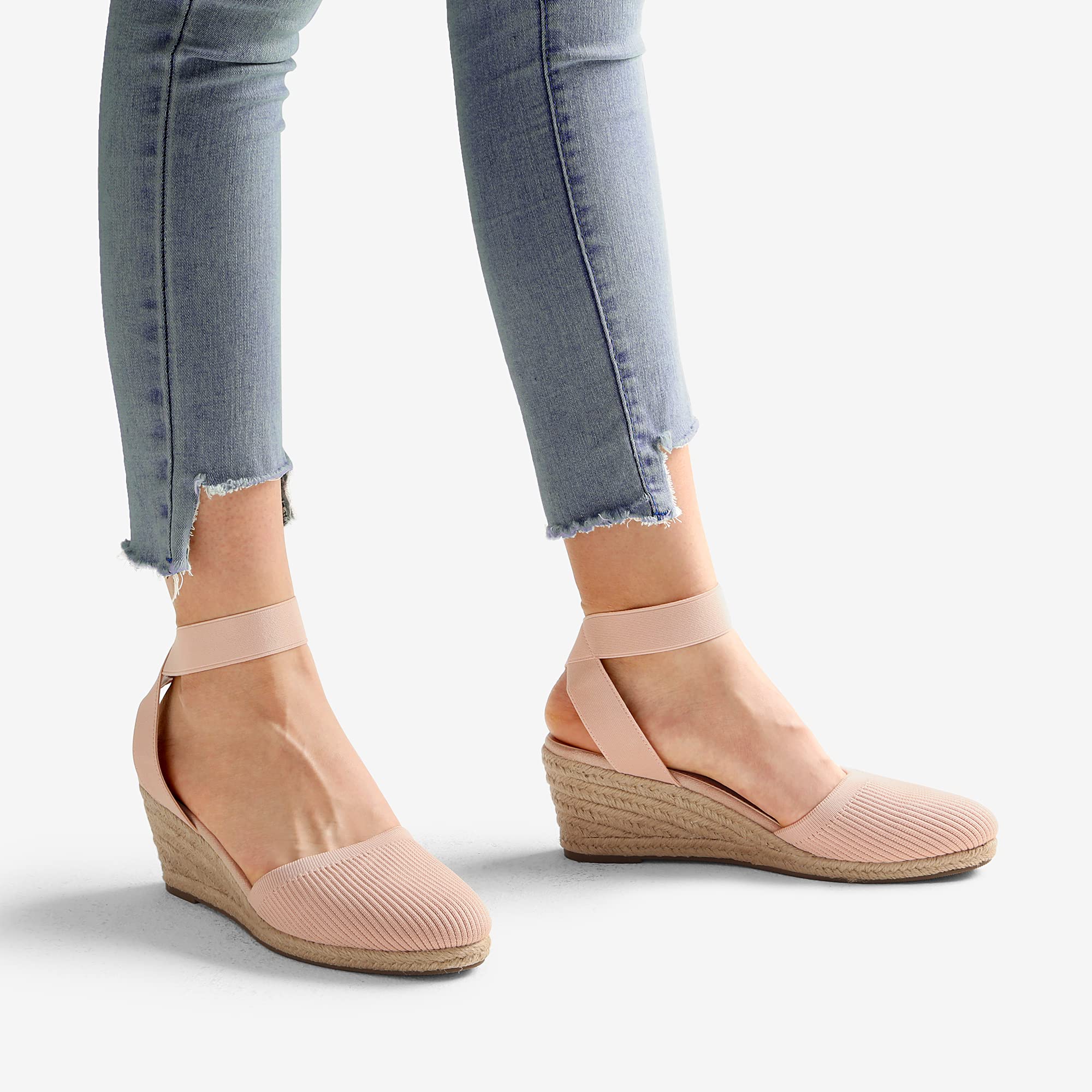 DREAM PAIRS Women's Elastic Ankle Strap Espadrilles Wedge Sandals,Size 10,Pink-Knit,AMANDA-1