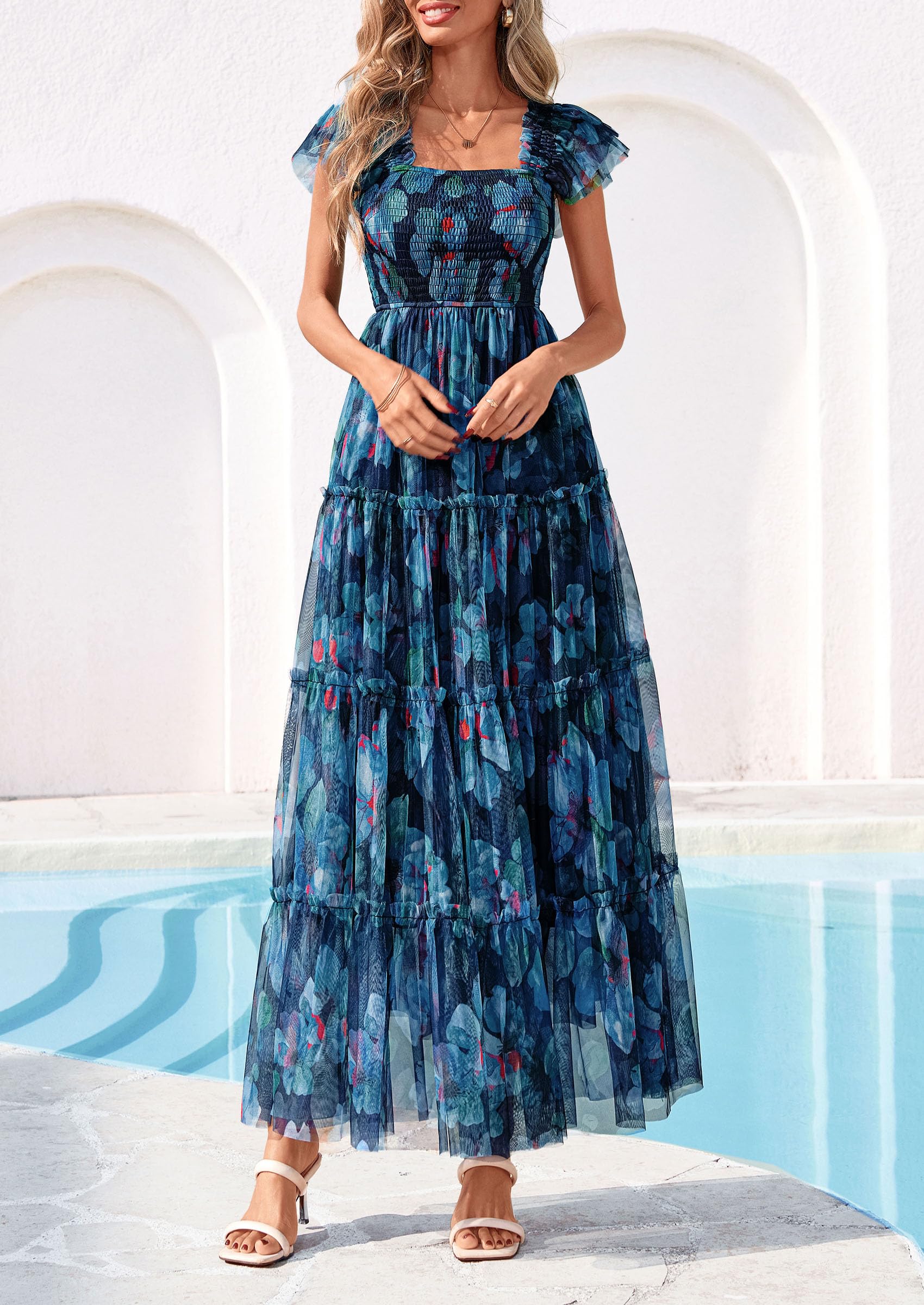 PRETTYGARDEN Women's Summer Tulle Midi Dress Sleeveless Smocked Ruffle Flowy Mesh Dresses Party Wedding Guest Sundress (Floral Navy Blue,Large)