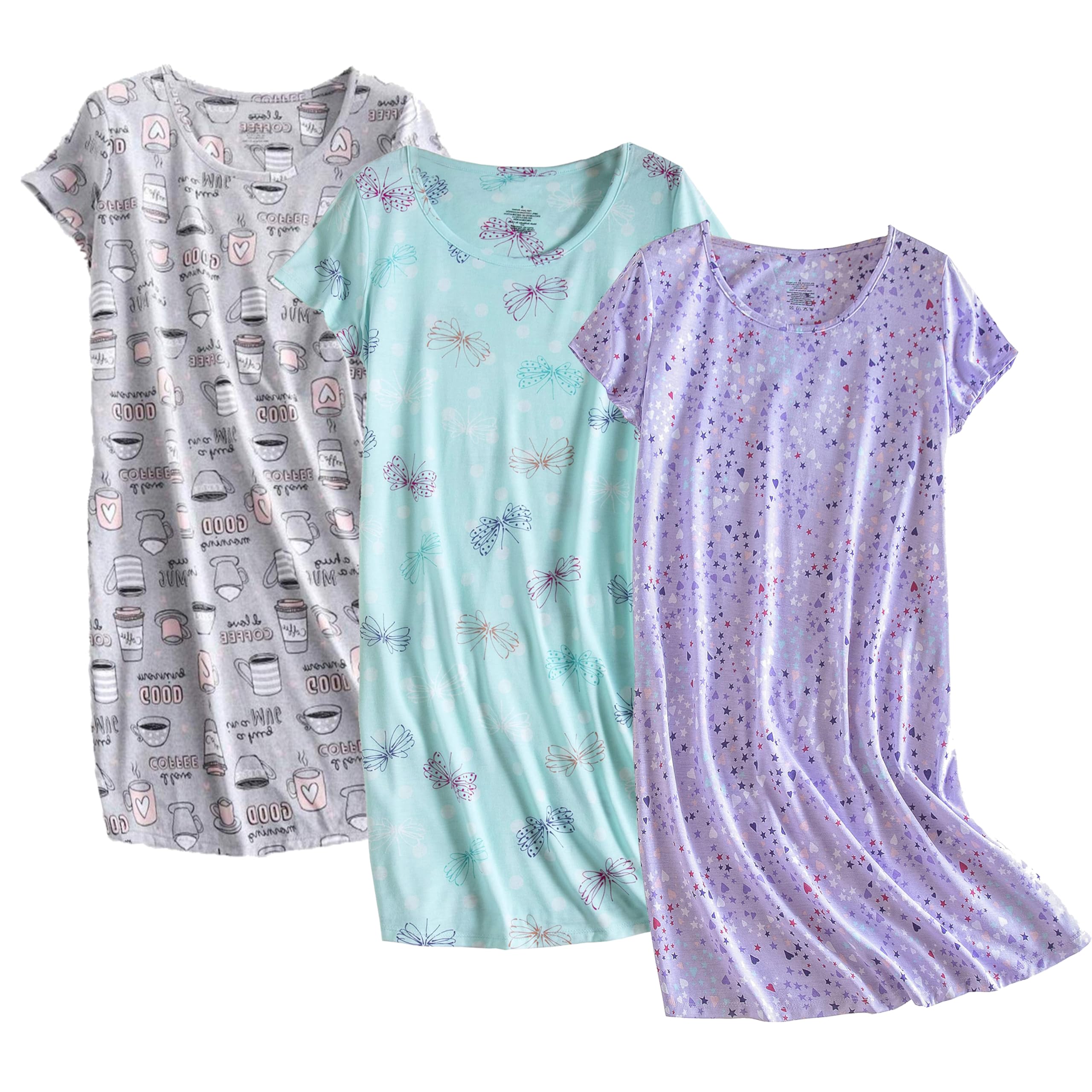 Inadays 3 Pack Women's Cotton Nightgown Sleepwear Short Sleeves Nightshirt Fun Print Sleepdress Loose Comfy Sleepshirts Cup+Purple+Dragonfly-XL