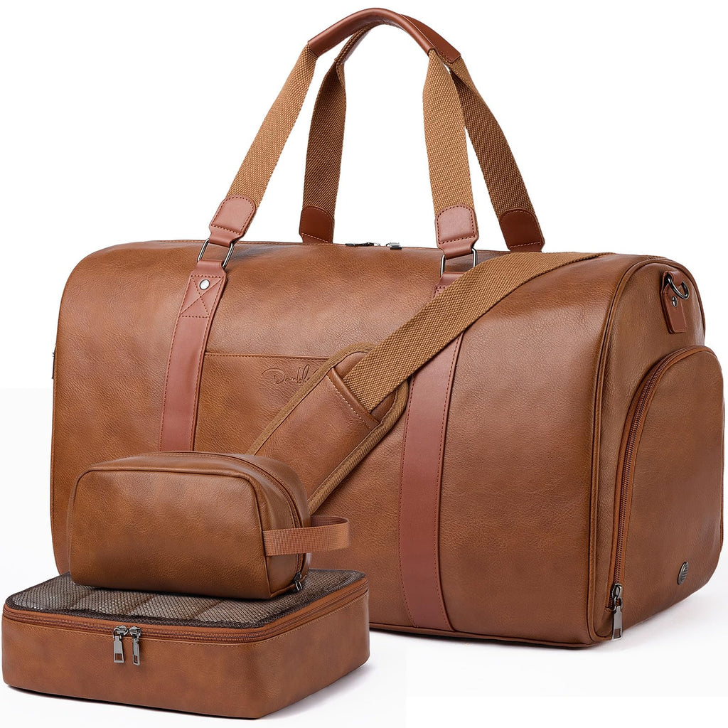 Large 3-in-1 Leather Duffle Bag for Travel Weekender Overnight Hospital Gym Bag for Men & Women, Carry On Airline Approved Personal Item Duffel Garment Bag Luggage with Shoe Compartment & Toiletry Bag