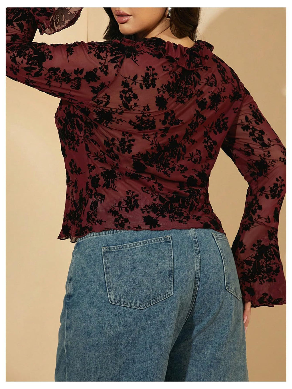 WDIRARA Women's Plus Size Floral Lace Sheer T Shirt Tie Front Long Bell Sleeve Tee Going Out Tops Burgundy X-Large Plus