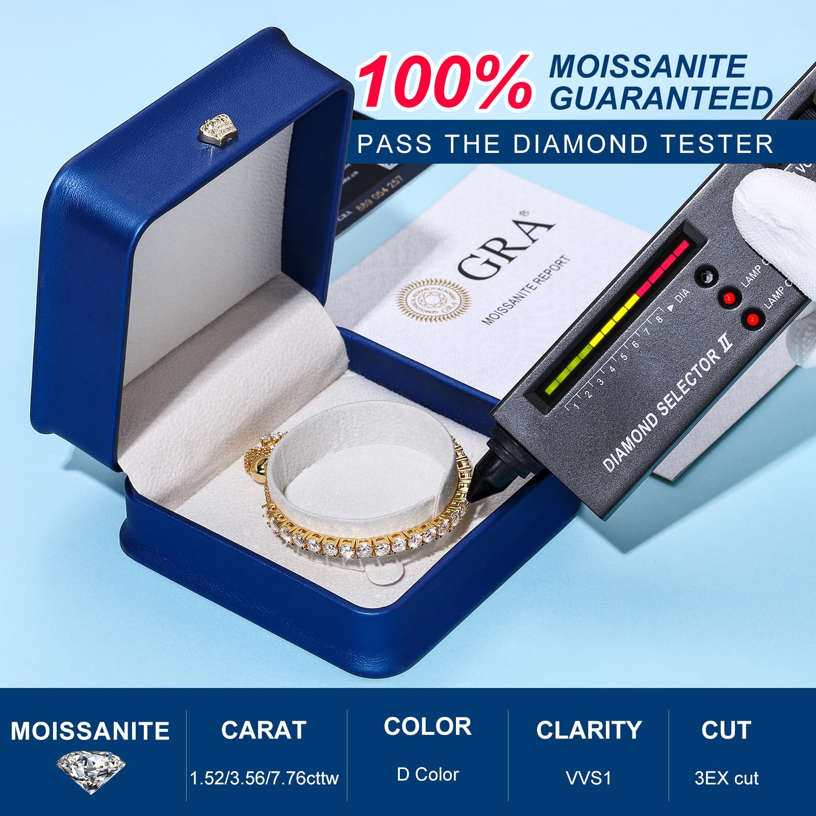 Moissanite Tennis Bracelet, 8.69 Carats Adjustable Bracelet for Women 18K Yellow Gold Plated S925 Sterling Silver Tennis Bracelet D Color VVS1 Round Cut 4MM Moissanite Bracelet Non Tarnish Bracelets