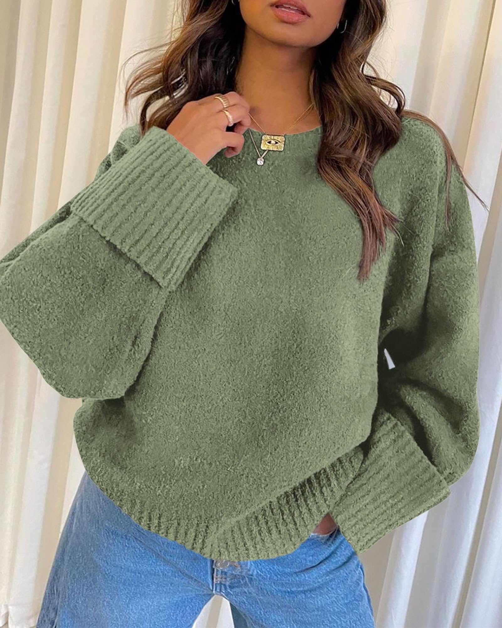 PRETTYGARDEN Women's Fall Oversized Sweaters Casual Crewneck Pullover Long Sleeve Fuzzy Chunky Knit Tops Blouse (Army Green,Large)